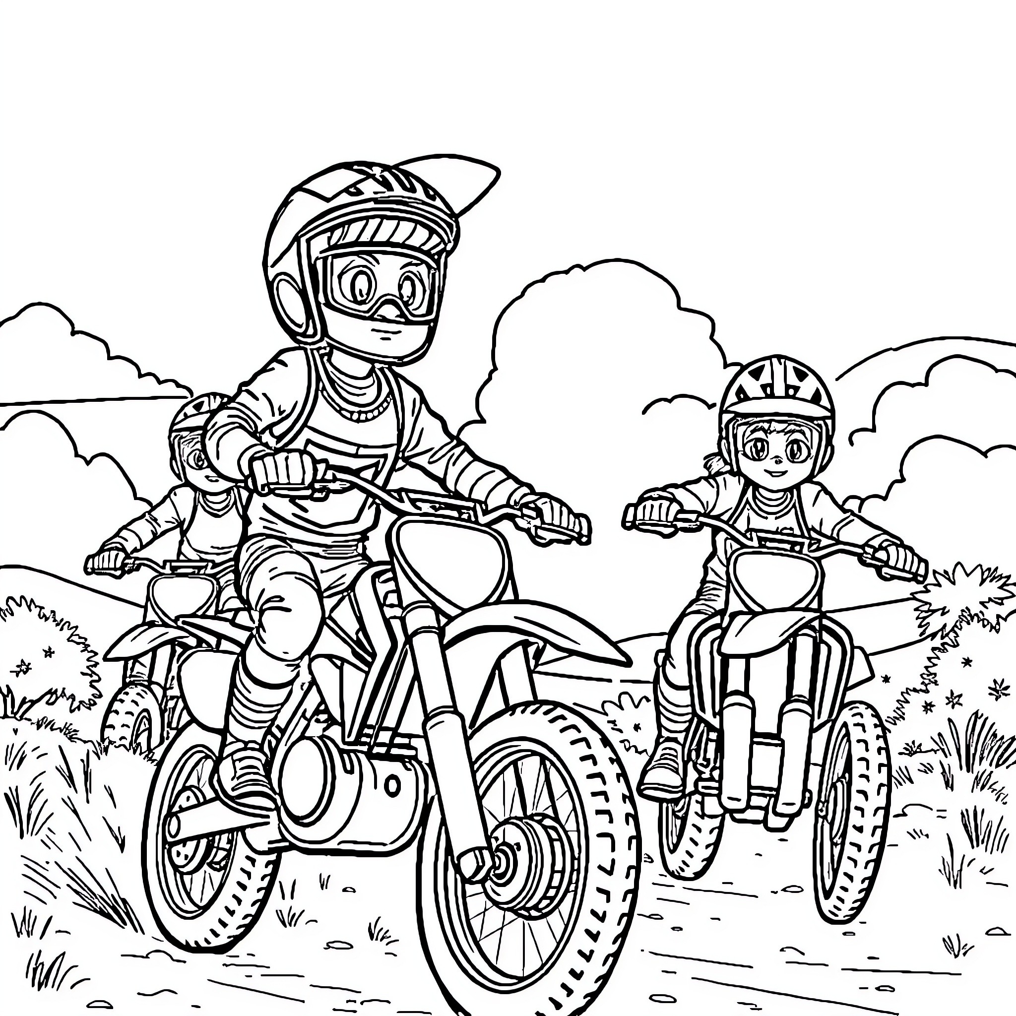 Dirtbike riders racing through the countryside Coloring Page (free black-and-white line drawing printable PDF for all, from beginners to advanced learners, including children, teens, adults, and seniors)