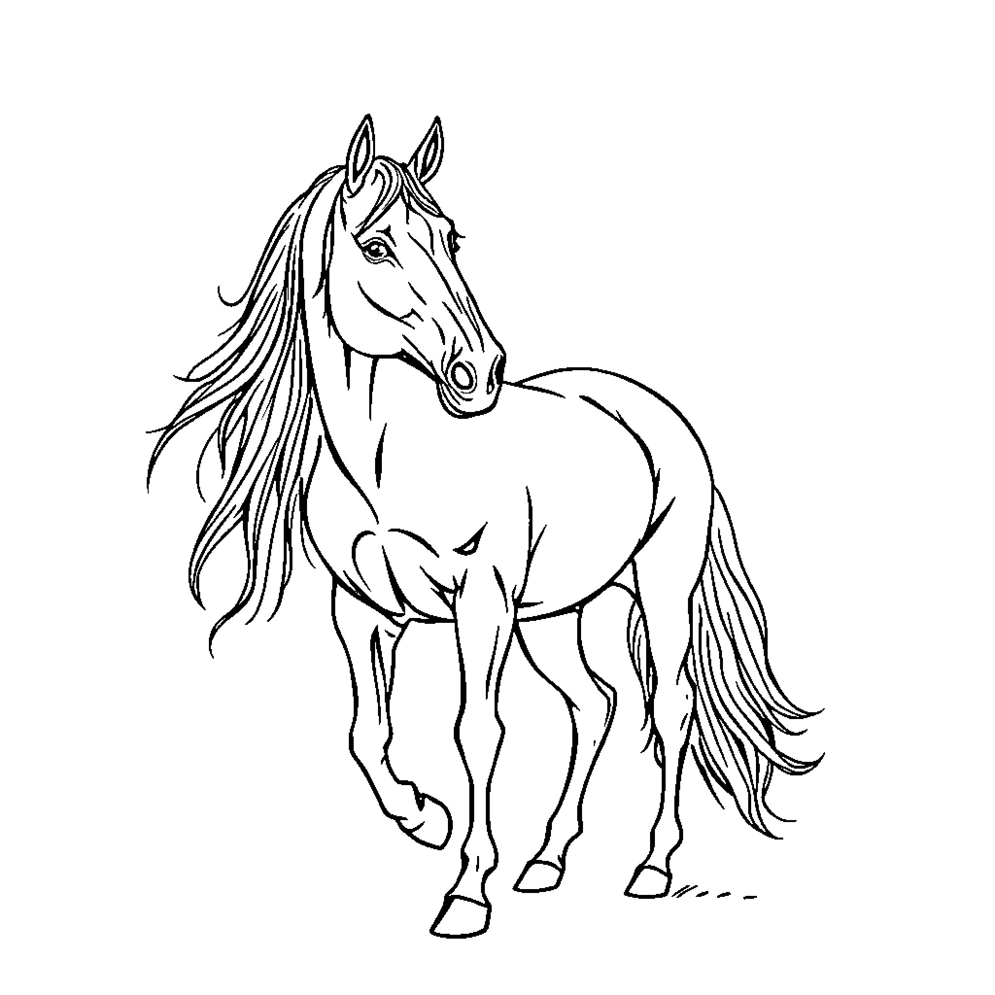 Horse with flowing mane in motion Coloring Page (free black-and-white line drawing printable PDF for all, from beginners to advanced learners, including children, teens, adults, and seniors)