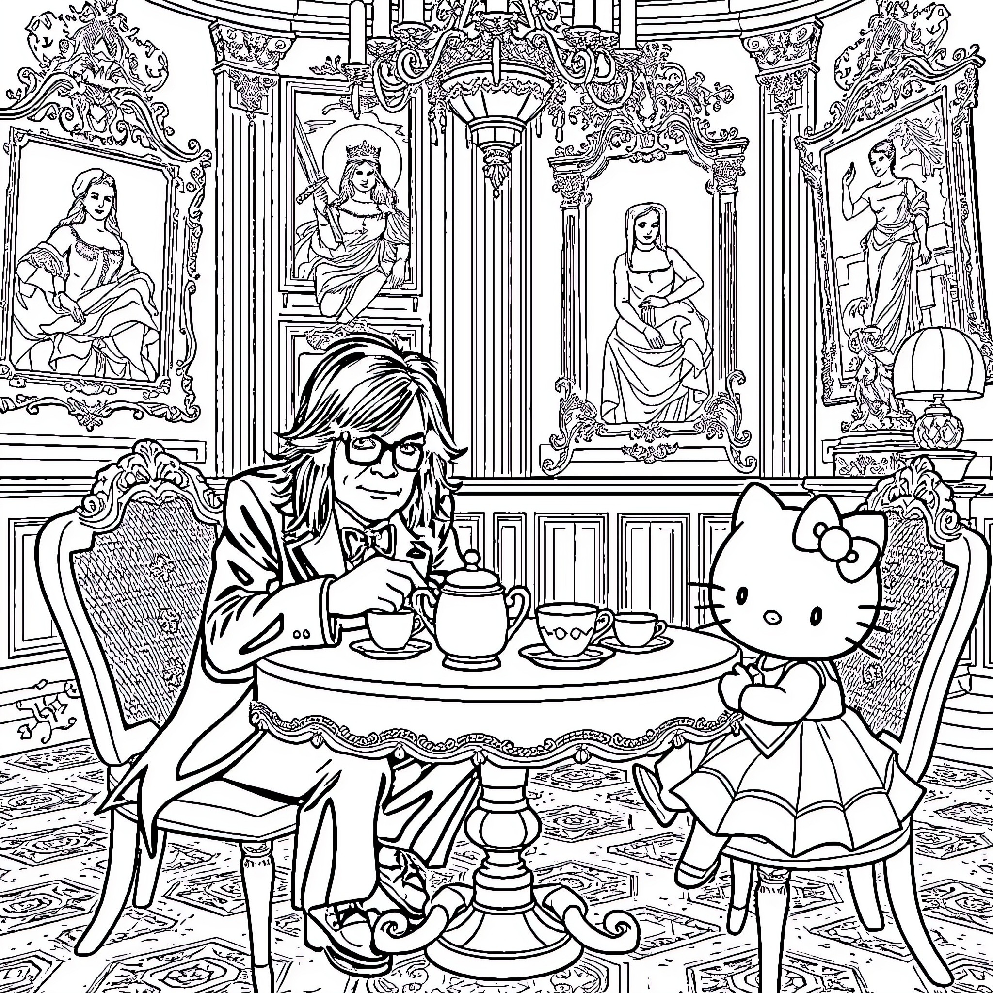Ozzy Osbourne enjoying a cup of tea with Hello Kitty Coloring Page (free black-and-white line drawing printable PDF for all, from beginners to advanced learners, including children, teens, adults, and seniors)