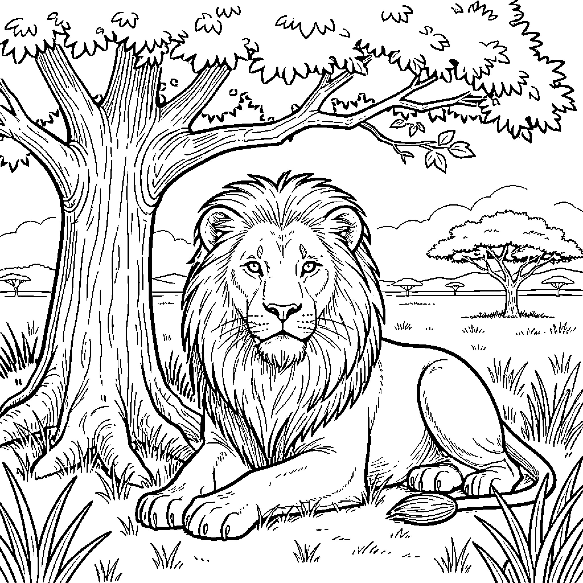 Lion resting calmly in the serene wilderness Coloring Page (free black-and-white line drawing printable PDF for all, from beginners to advanced learners, including children, teens, adults, and seniors)