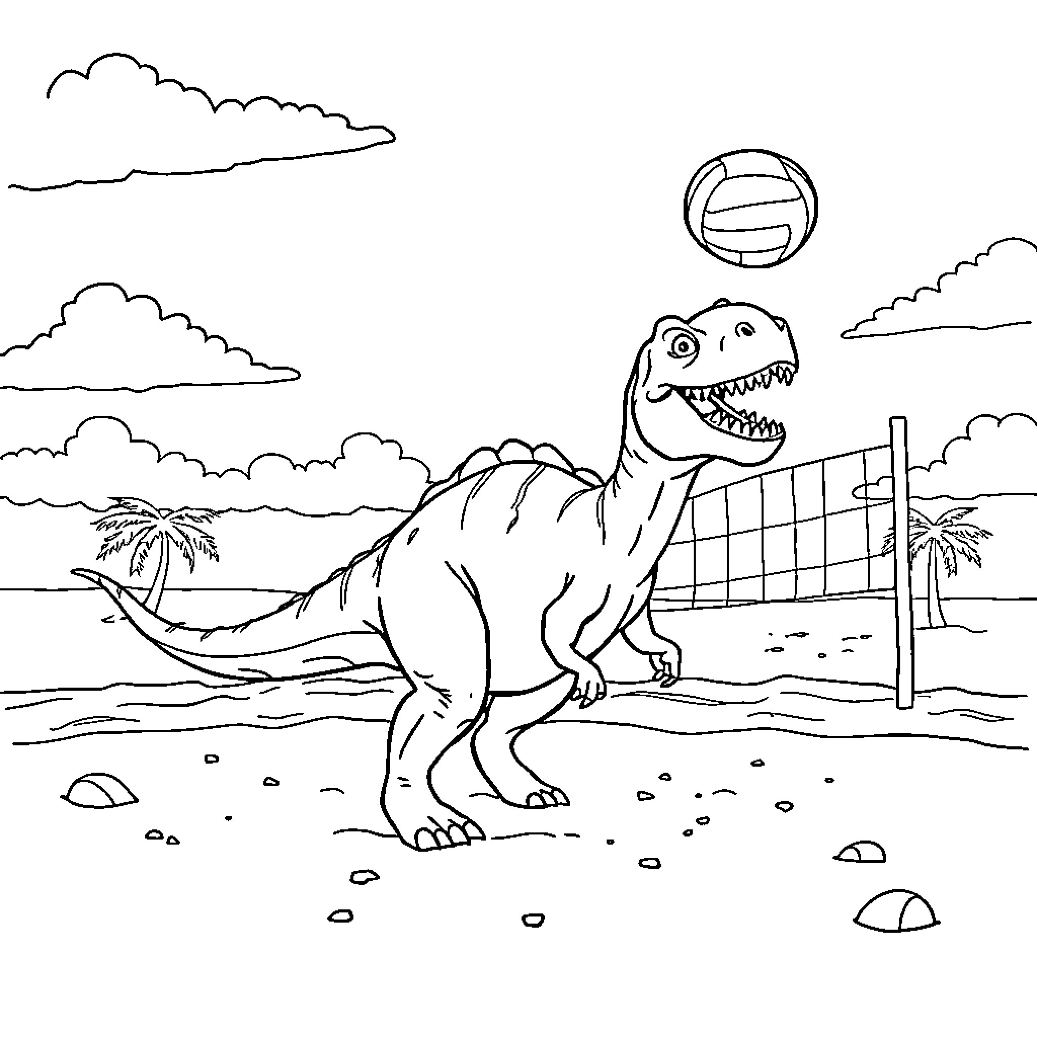 Dinosaur playing beach volleyball on tropical island Coloring Page (free black-and-white line drawing printable PDF for all, from beginners to advanced learners, including children, teens, adults, and seniors)