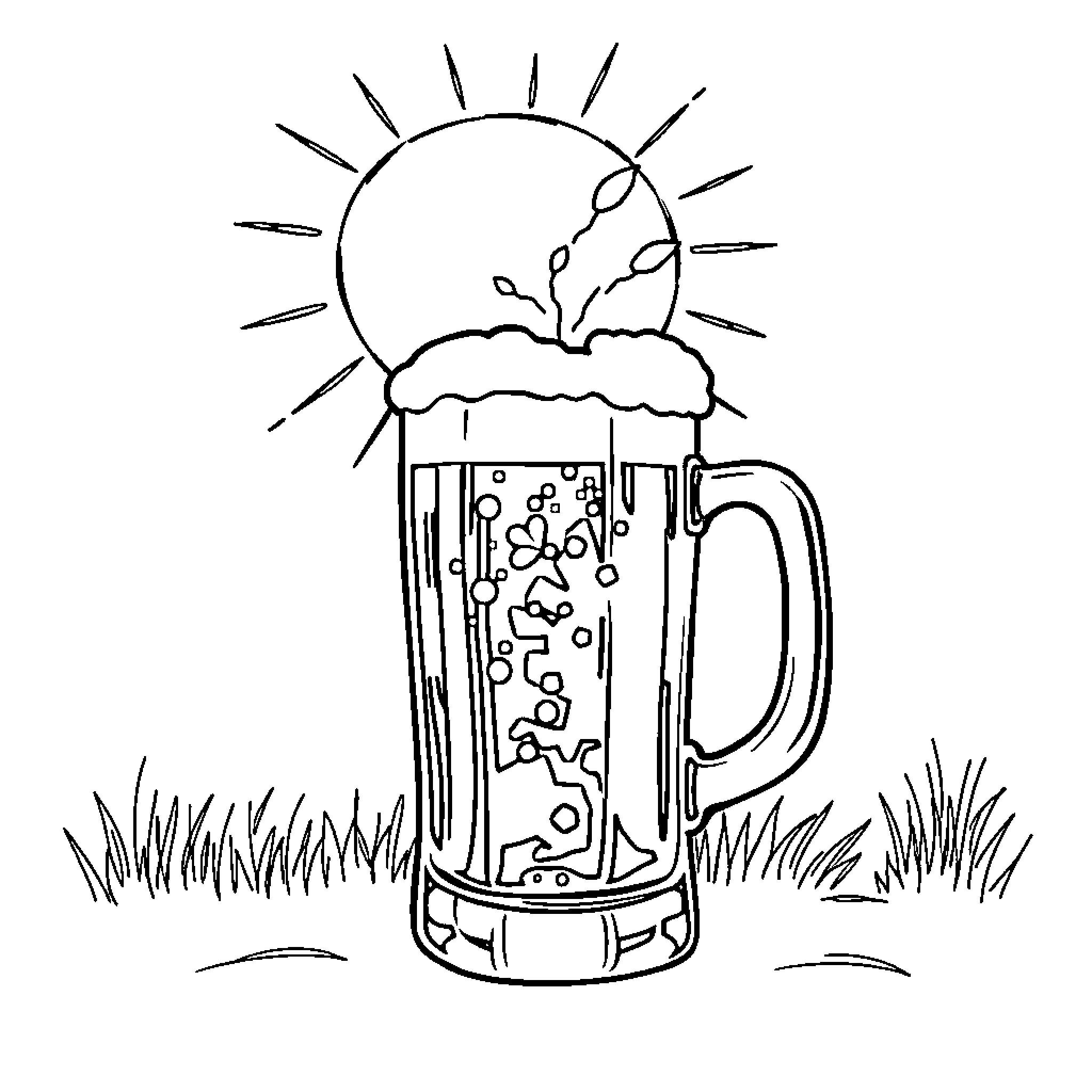 Beer Mug under the Sunny Skies Coloring Page (free black-and-white line drawing printable PDF for all, from beginners to advanced learners, including children, teens, adults, and seniors)