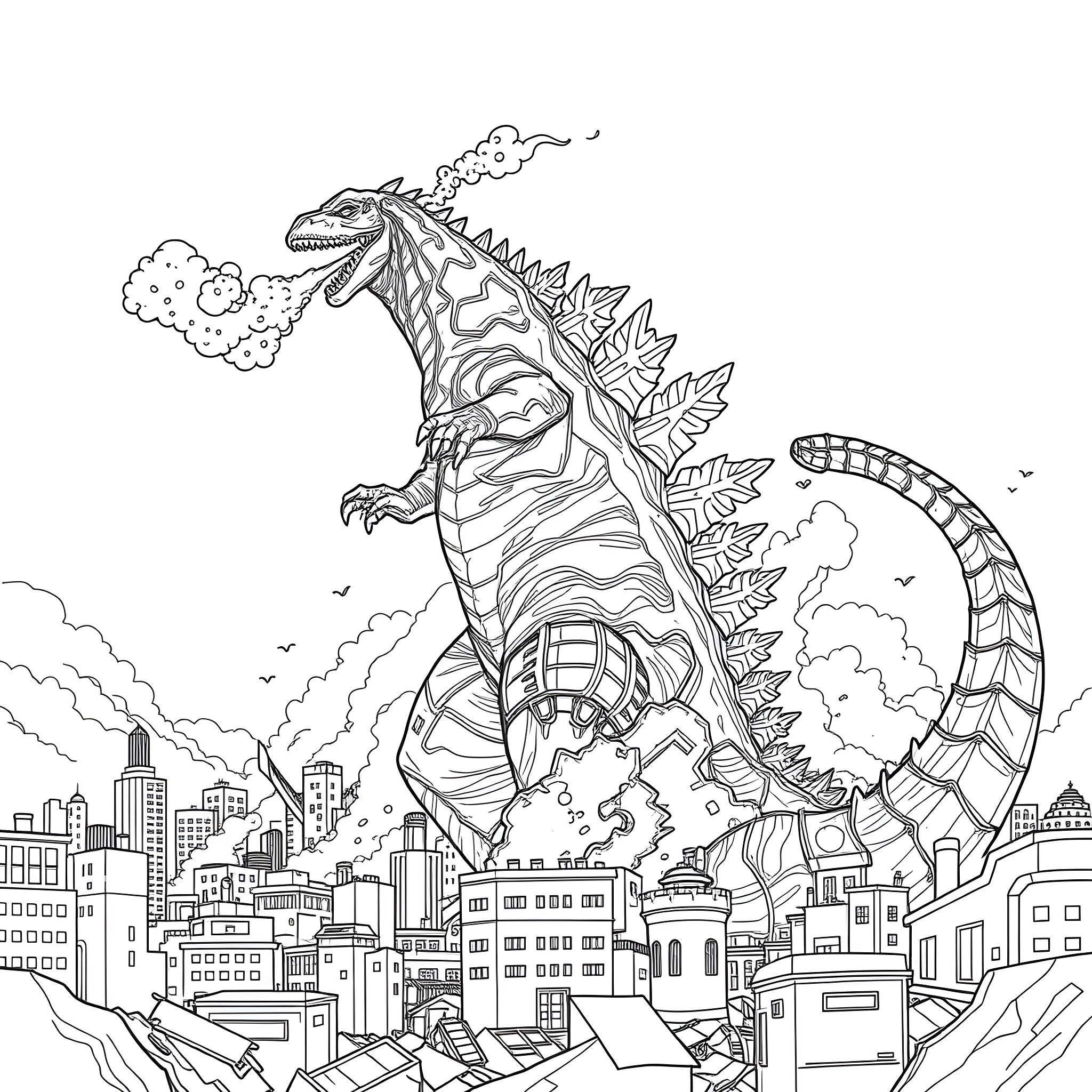 Godzilla rampaging through the city with fiery breath Coloring Page (free black-and-white line drawing printable PDF for all, from beginners to advanced learners, including children, teens, adults, and seniors)
