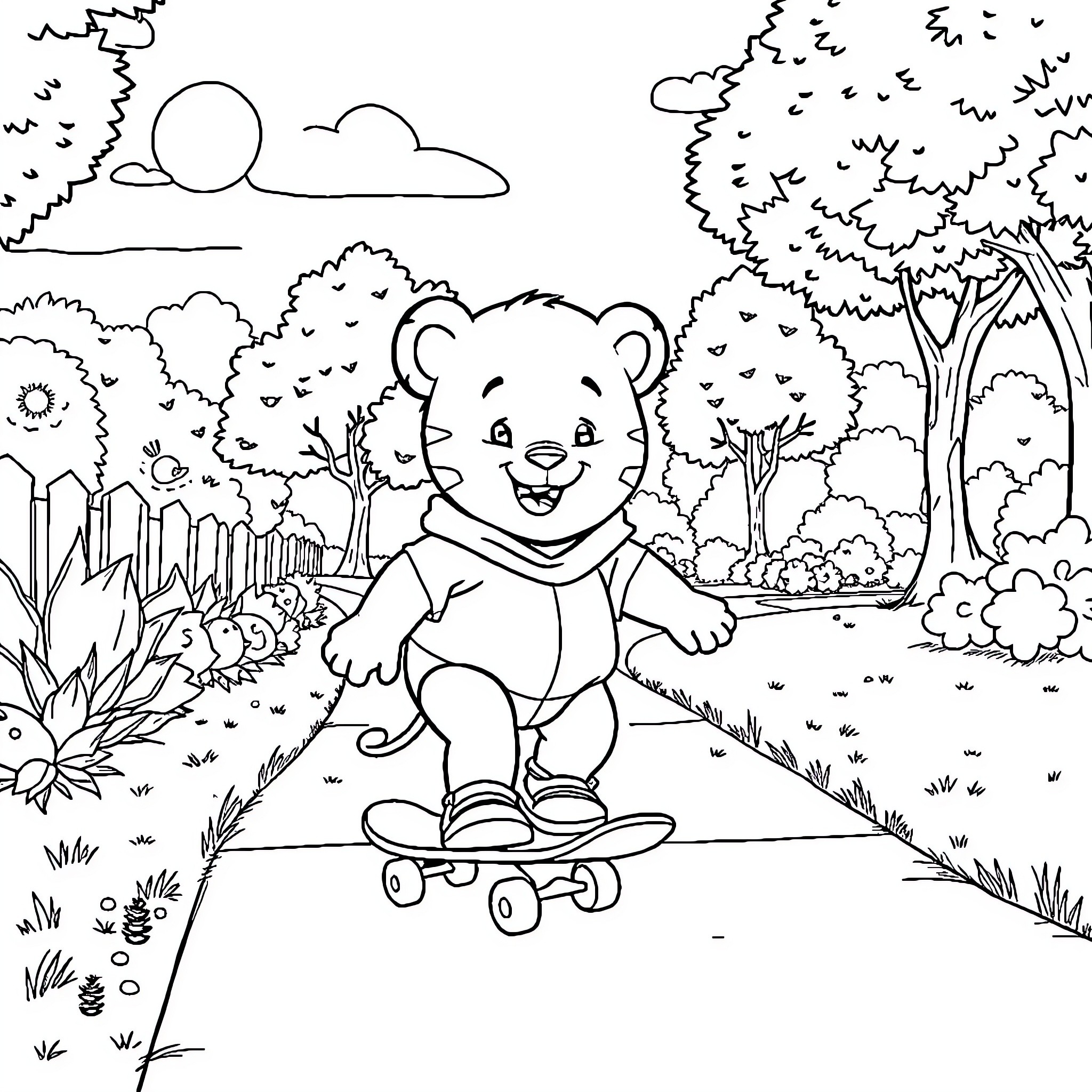 Daniel Tiger Skateboarding in Scenic Nature Coloring Page (free black-and-white line drawing printable PDF for all, from beginners to advanced learners, including children, teens, adults, and seniors)