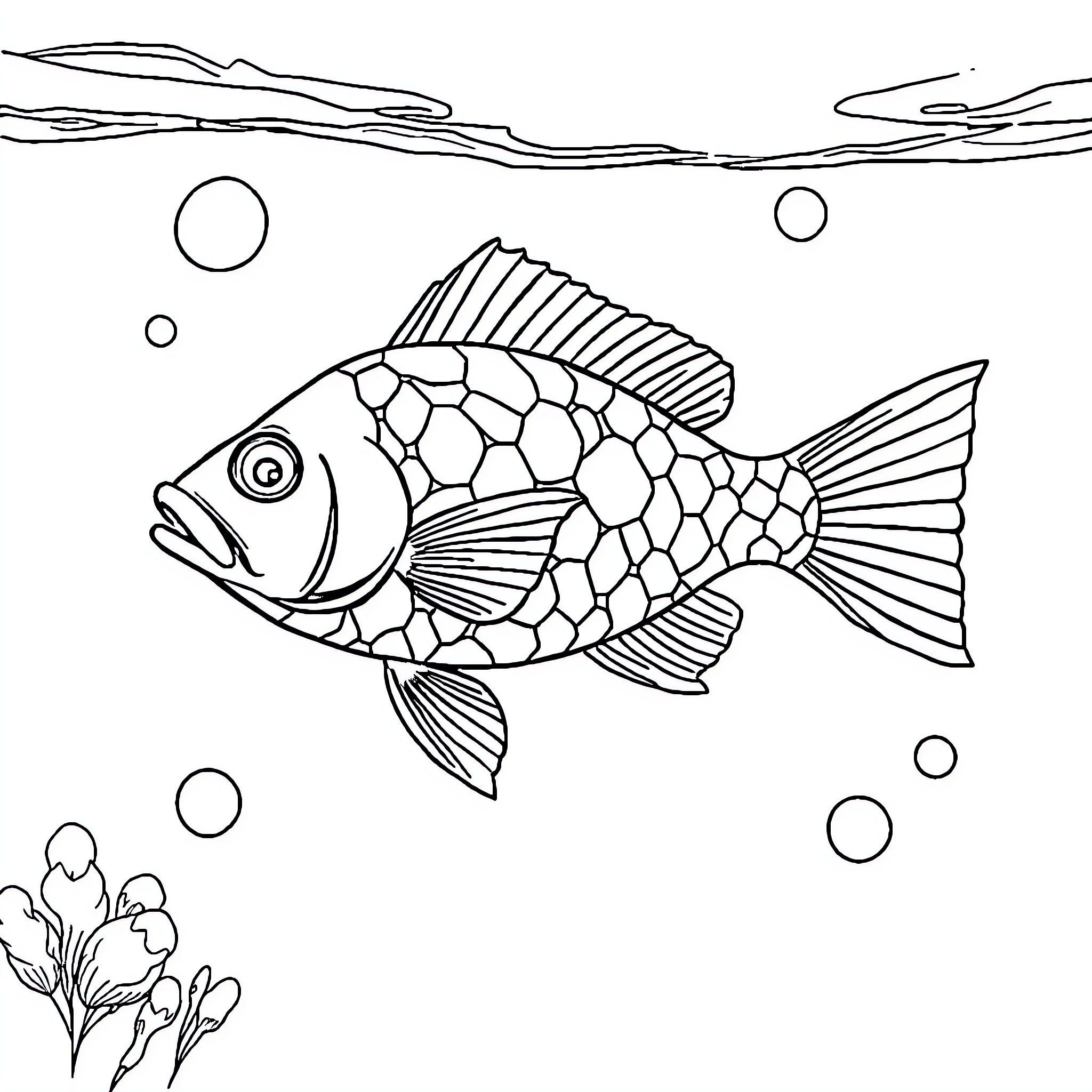 Brochet swimming through the aquatic landscape Coloring Page (free black-and-white line drawing printable PDF for all, from beginners to advanced learners, including children, teens, adults, and seniors)