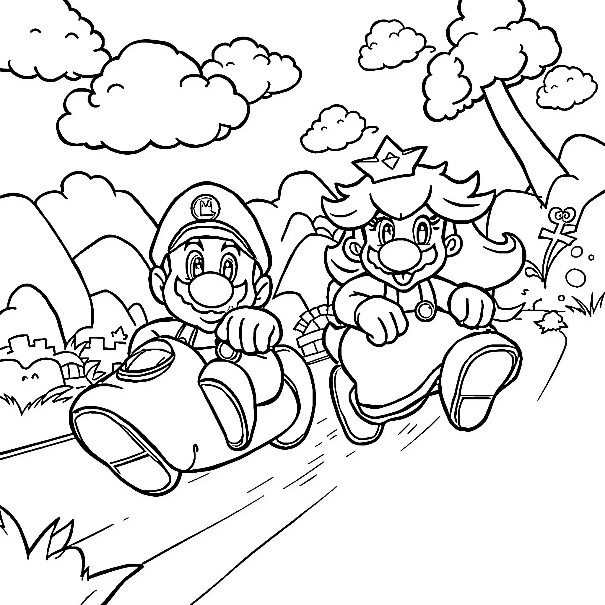 Mario and Peach Enjoying Outdoor Adventure Coloring Page (free black-and-white line drawing printable PDF for all, from beginners to advanced learners, including children, teens, adults, and seniors)