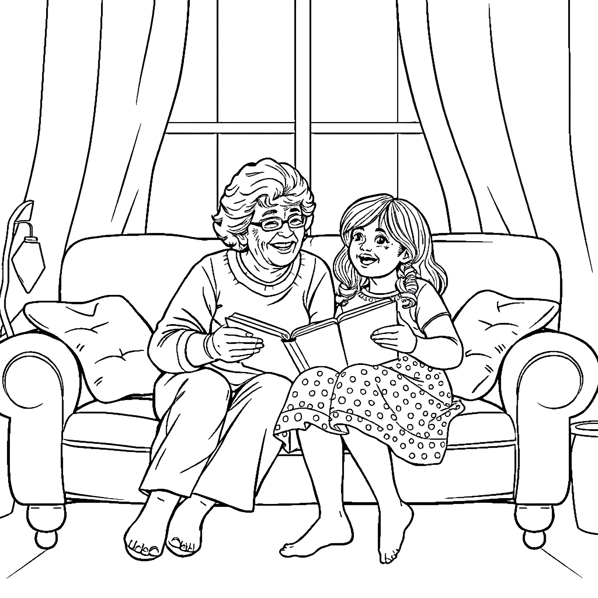 Grandma reading a story to her granddaughter Coloring Page (free black-and-white line drawing printable PDF for all, from beginners to advanced learners, including children, teens, adults, and seniors)