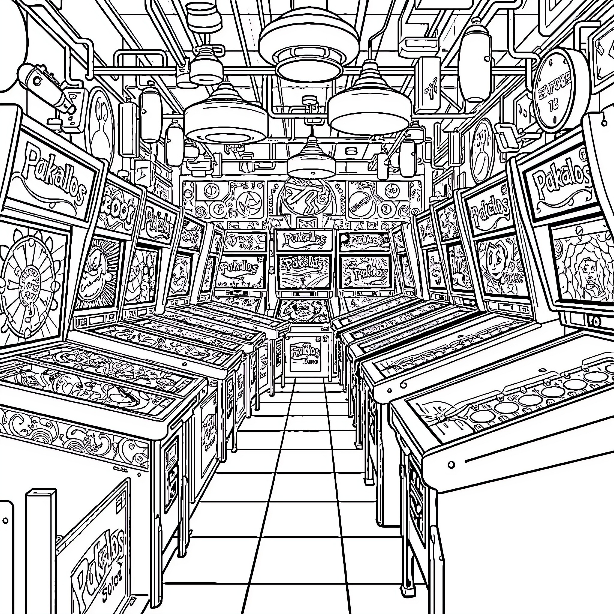 Pinball Arcade: A Maze of Flashing Lights and Retro Machines Coloring Page (free black-and-white line drawing printable PDF for all, from beginners to advanced learners, including children, teens, adults, and seniors)