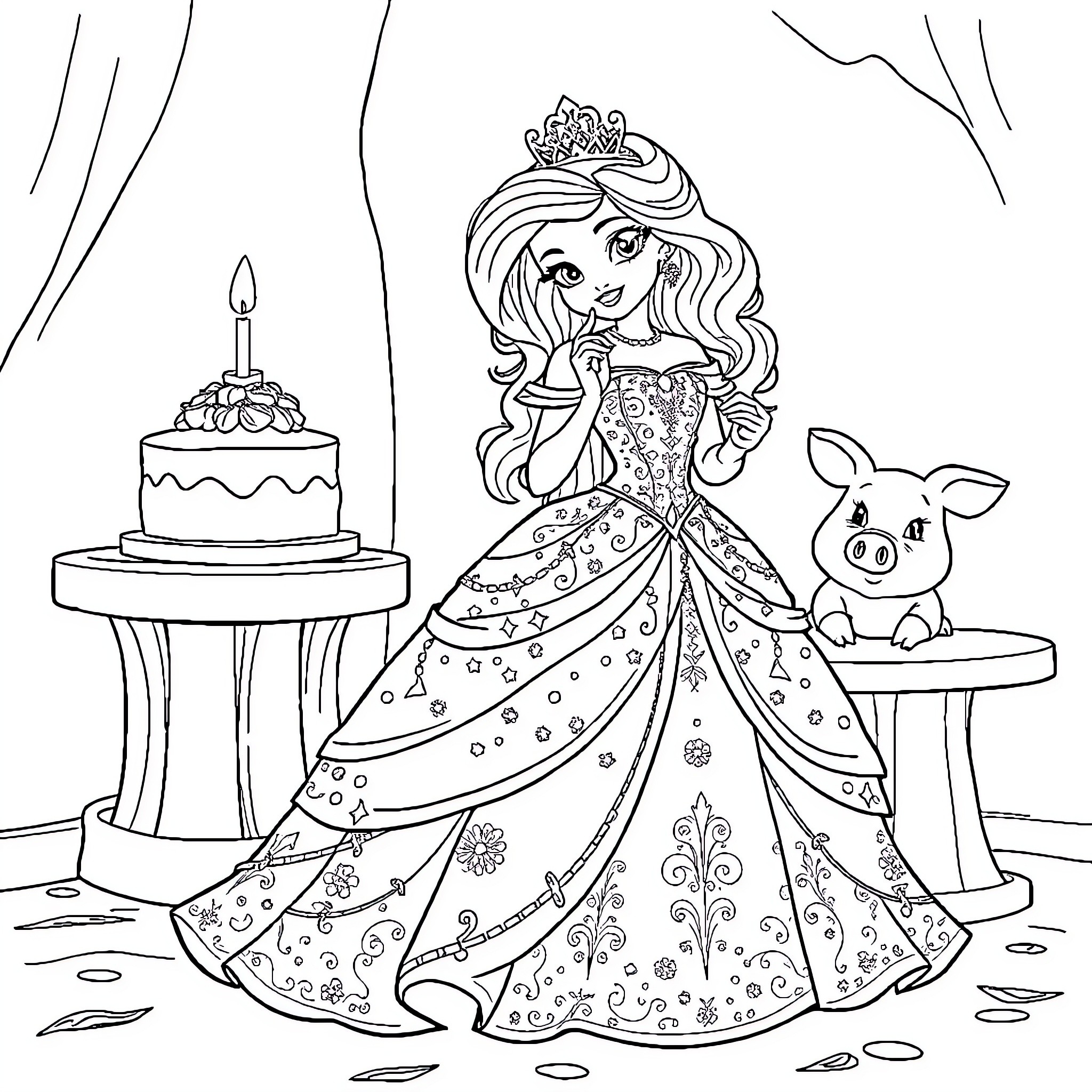 Princess Celebrates Birthday with Adorned Dress and Pig Companion Coloring Page (free black-and-white line drawing printable PDF for all, from beginners to advanced learners, including children, teens, adults, and seniors)