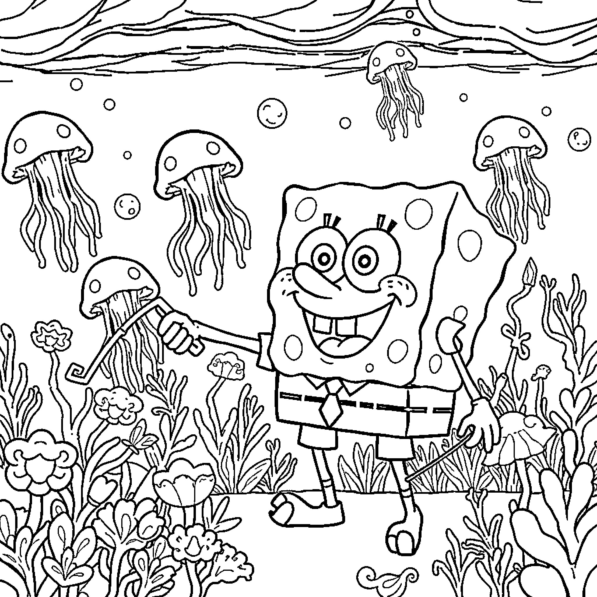 Spongebob underwater adventure with jellyfish Coloring Page (free black-and-white line drawing printable PDF for all, from beginners to advanced learners, including children, teens, adults, and seniors)