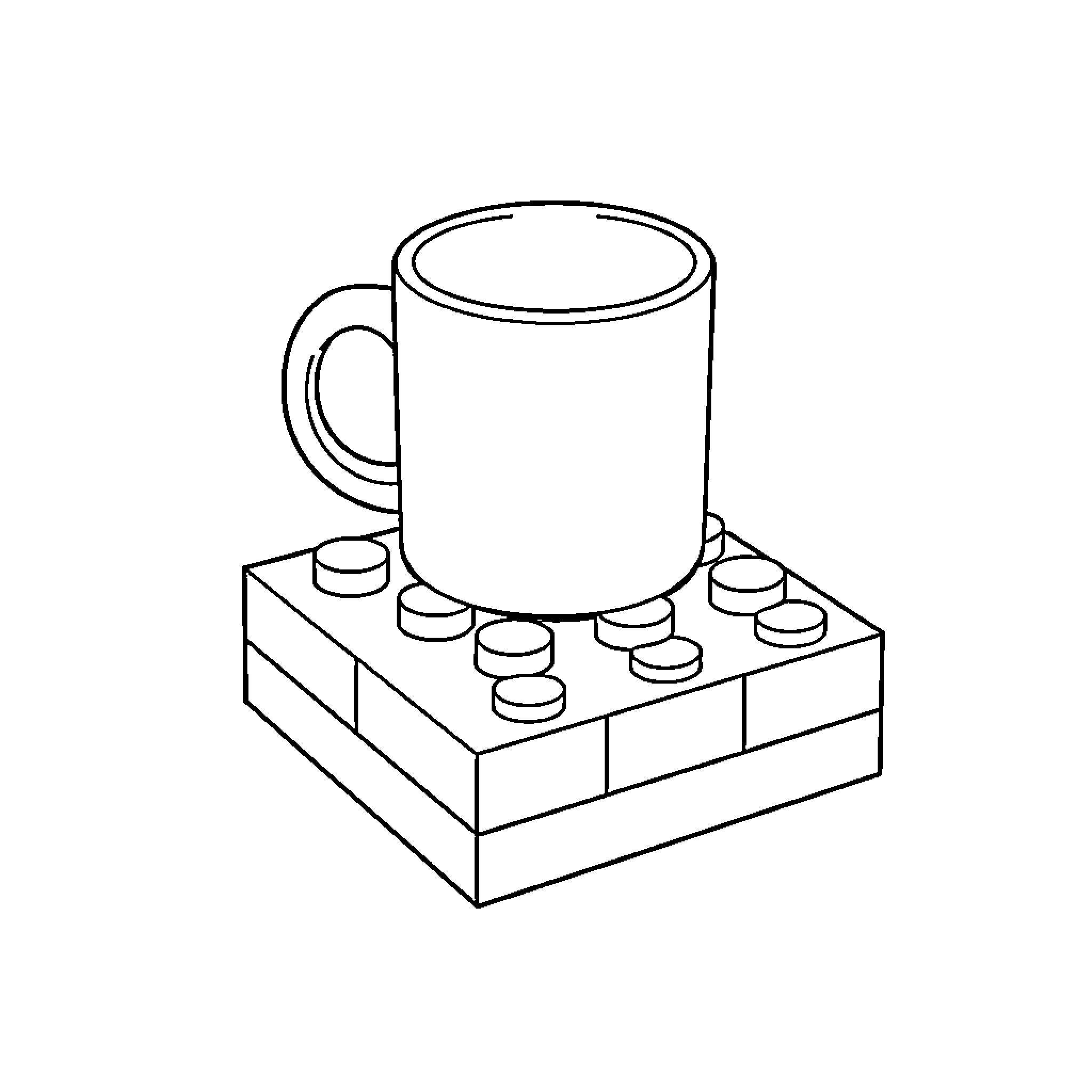 Lego mug on construction bricks Coloring Page (free black-and-white line drawing printable PDF for all, from beginners to advanced learners, including children, teens, adults, and seniors)
