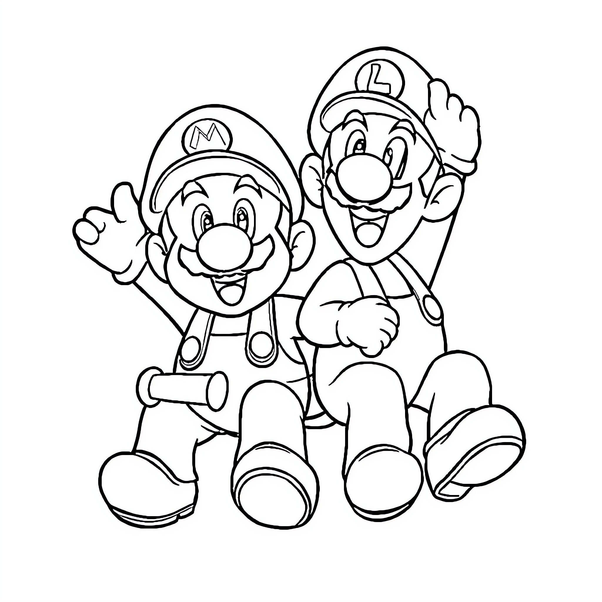 Mario and Luigi posing happily Coloring Page (free black-and-white line drawing printable PDF for all, from beginners to advanced learners, including children, teens, adults, and seniors)