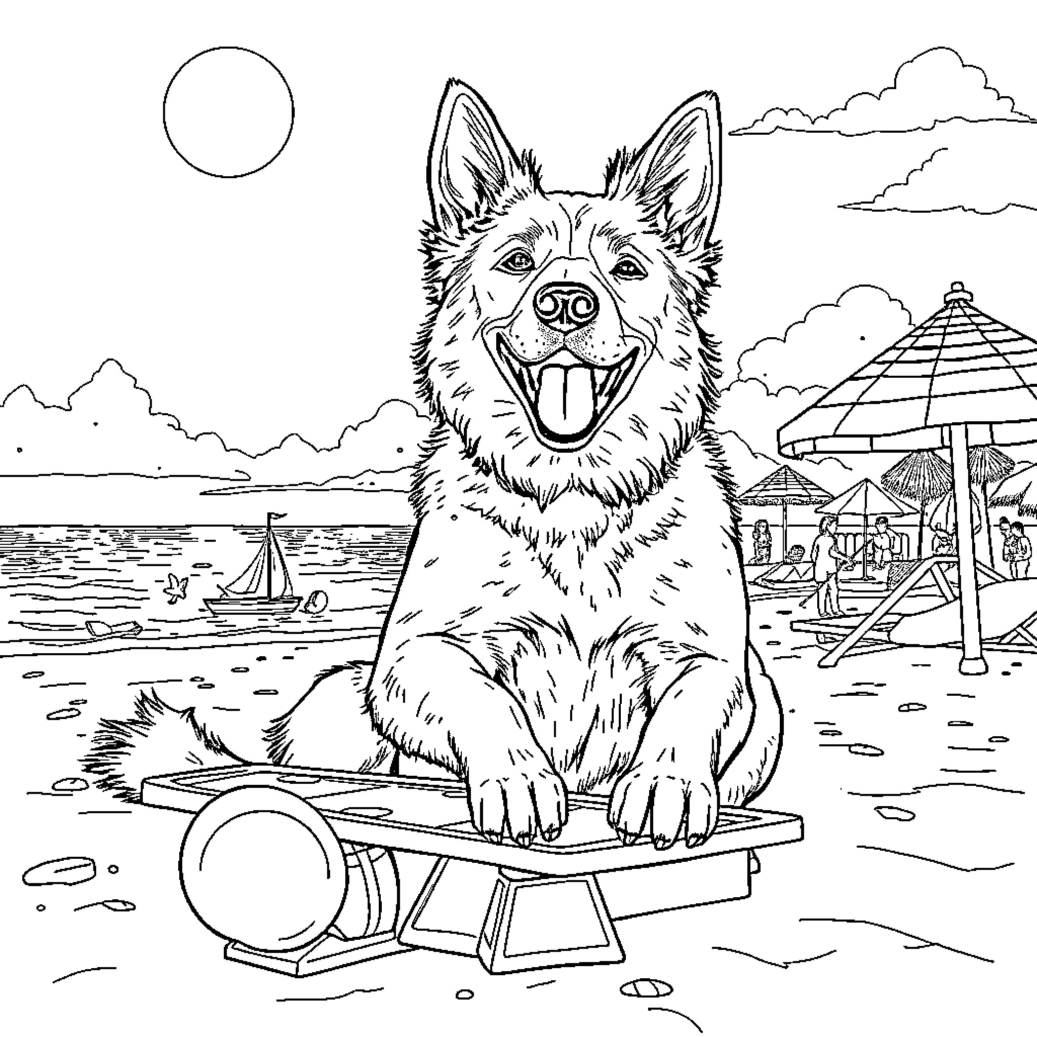 Perro happily riding on seesaw at the beach Coloring Page (free black-and-white line drawing printable PDF for all, from beginners to advanced learners, including children, teens, adults, and seniors)