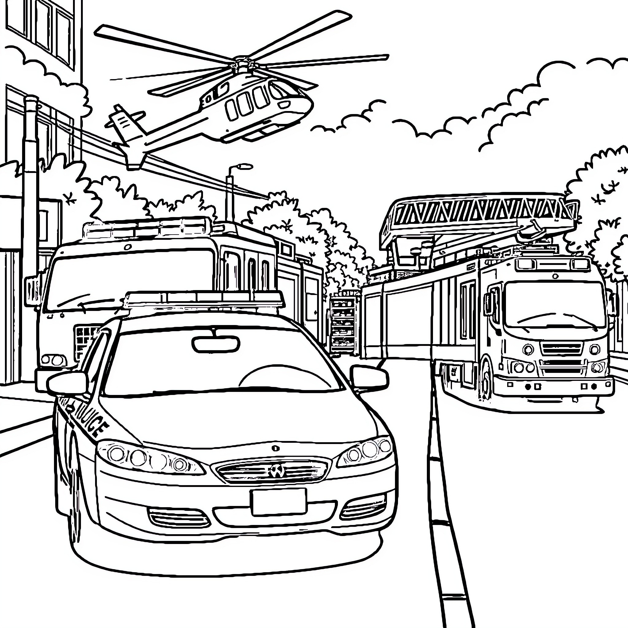 Emergency Vehicle Responding to Incident on City Street Coloring Page (free black-and-white line drawing printable PDF for all, from beginners to advanced learners, including children, teens, adults, and seniors)