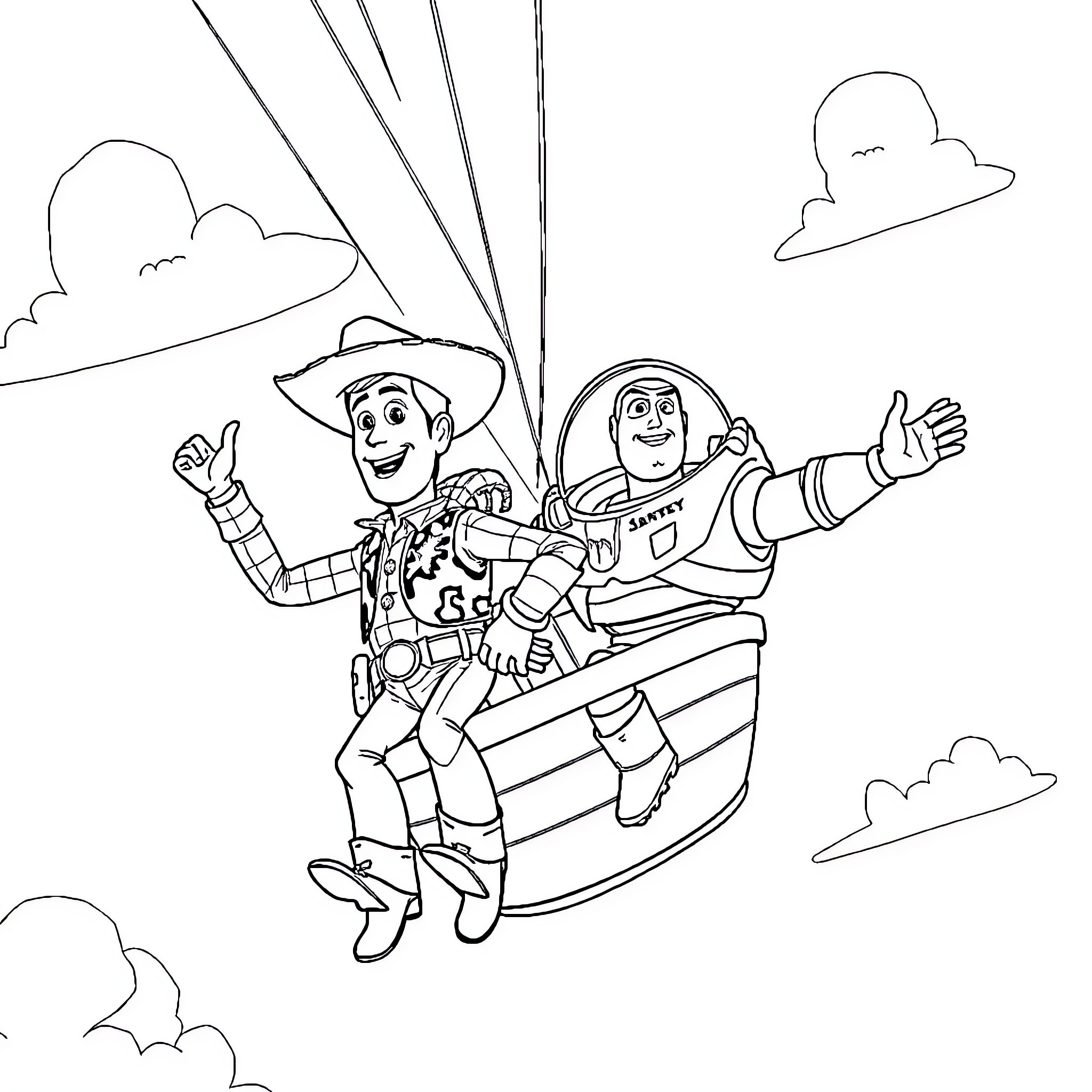 Cowboy and astronaut flying through the sky Coloring Page (free black-and-white line drawing printable PDF for all, from beginners to advanced learners, including children, teens, adults, and seniors)
