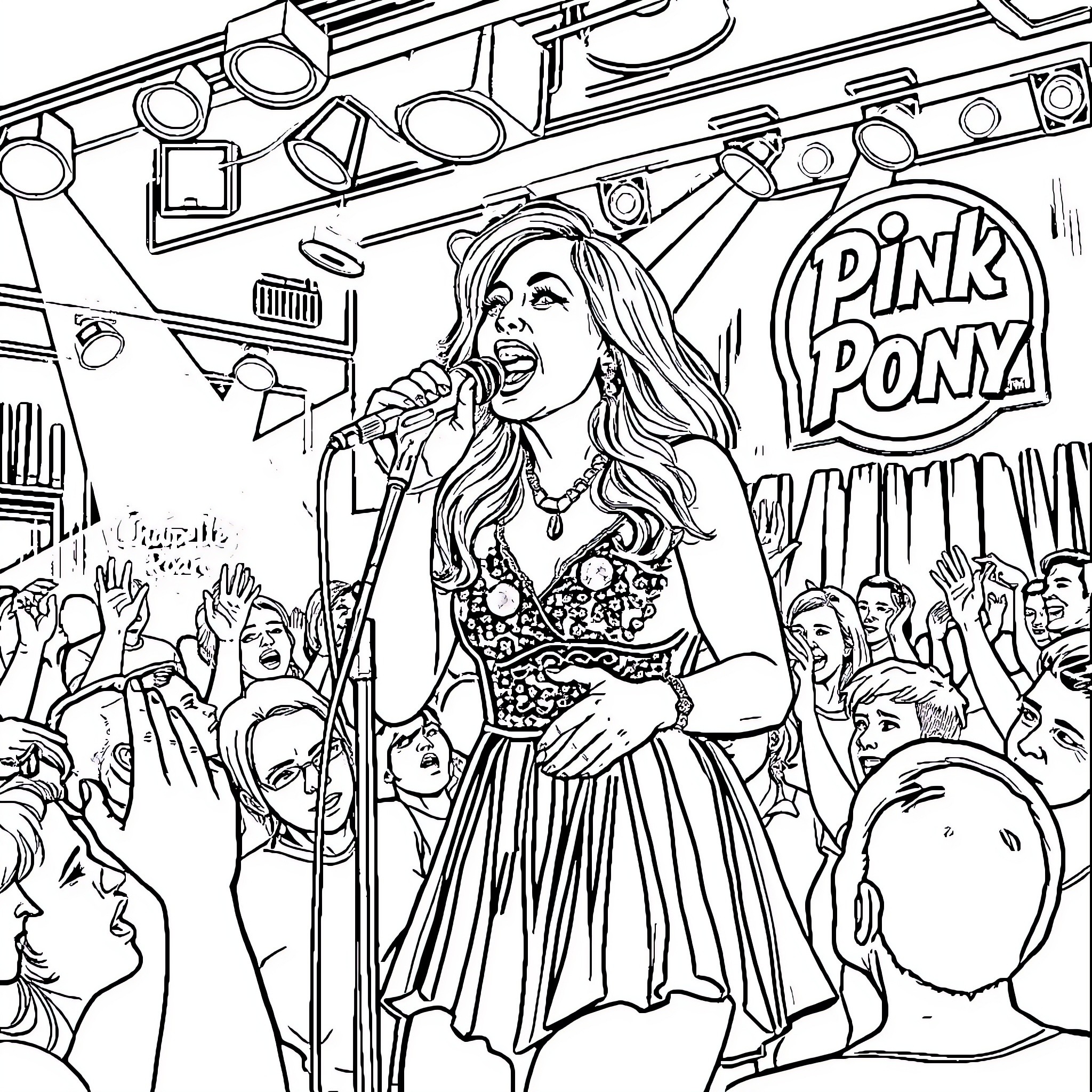 Chapelle Roan performs on stage with energetic crowd Coloring Page (free black-and-white line drawing printable PDF for all, from beginners to advanced learners, including children, teens, adults, and seniors)