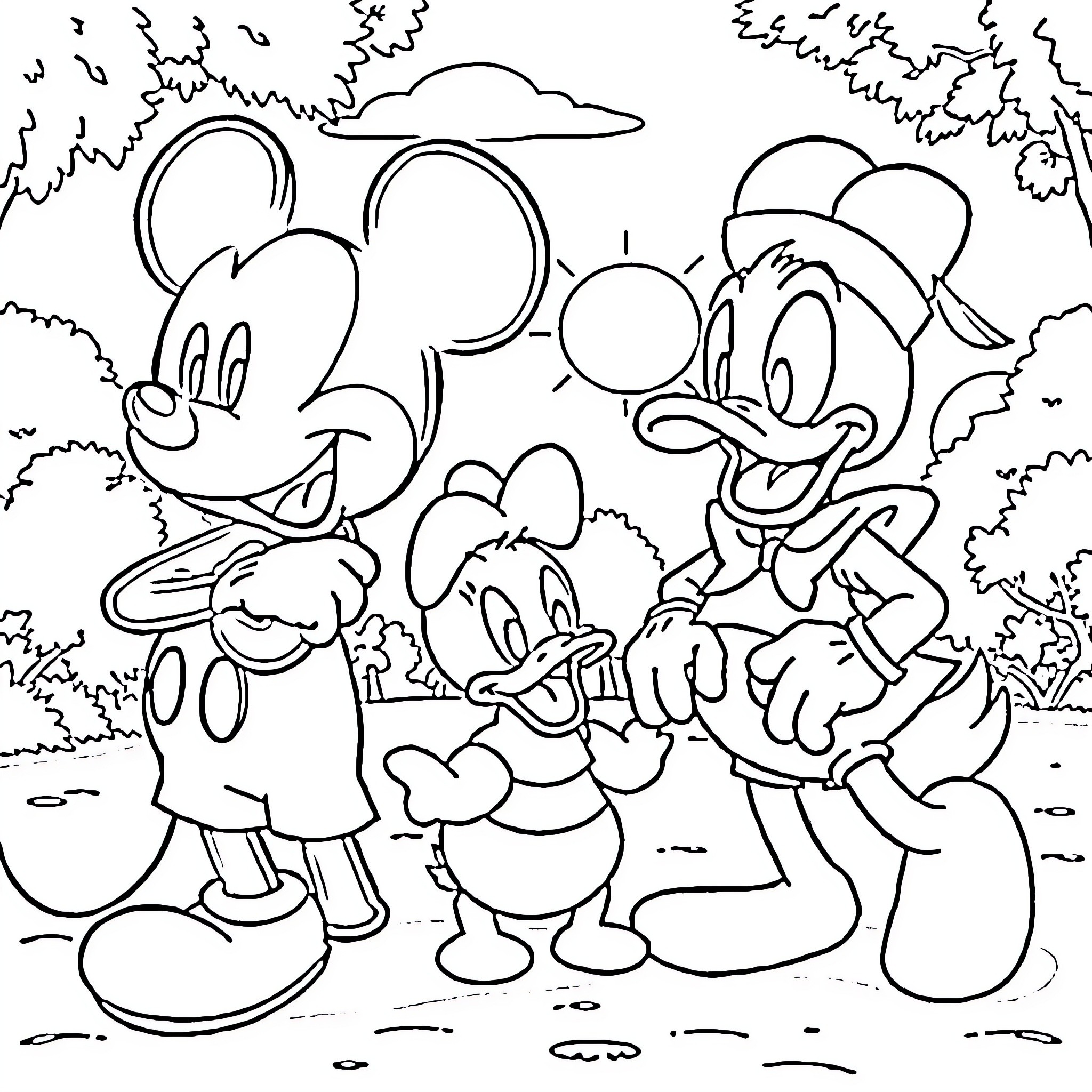 Mickey Mouse and friends enjoying an outdoor adventure Coloring Page (free black-and-white line drawing printable PDF for all, from beginners to advanced learners, including children, teens, adults, and seniors)