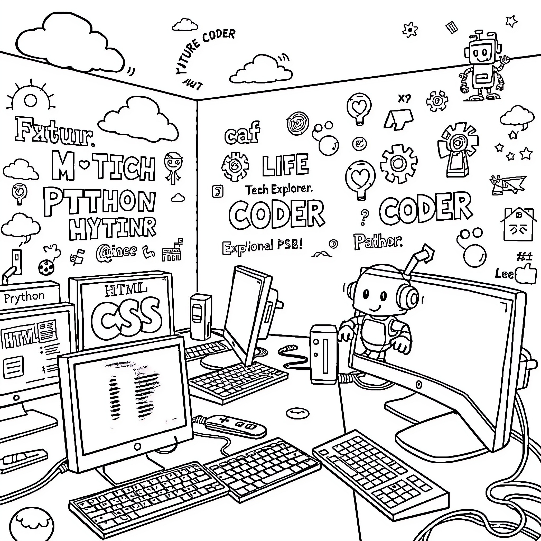 Computer Doodles of a Coder's Workspace Coloring Page (free black-and-white line drawing printable PDF for all, from beginners to advanced learners, including children, teens, adults, and seniors)