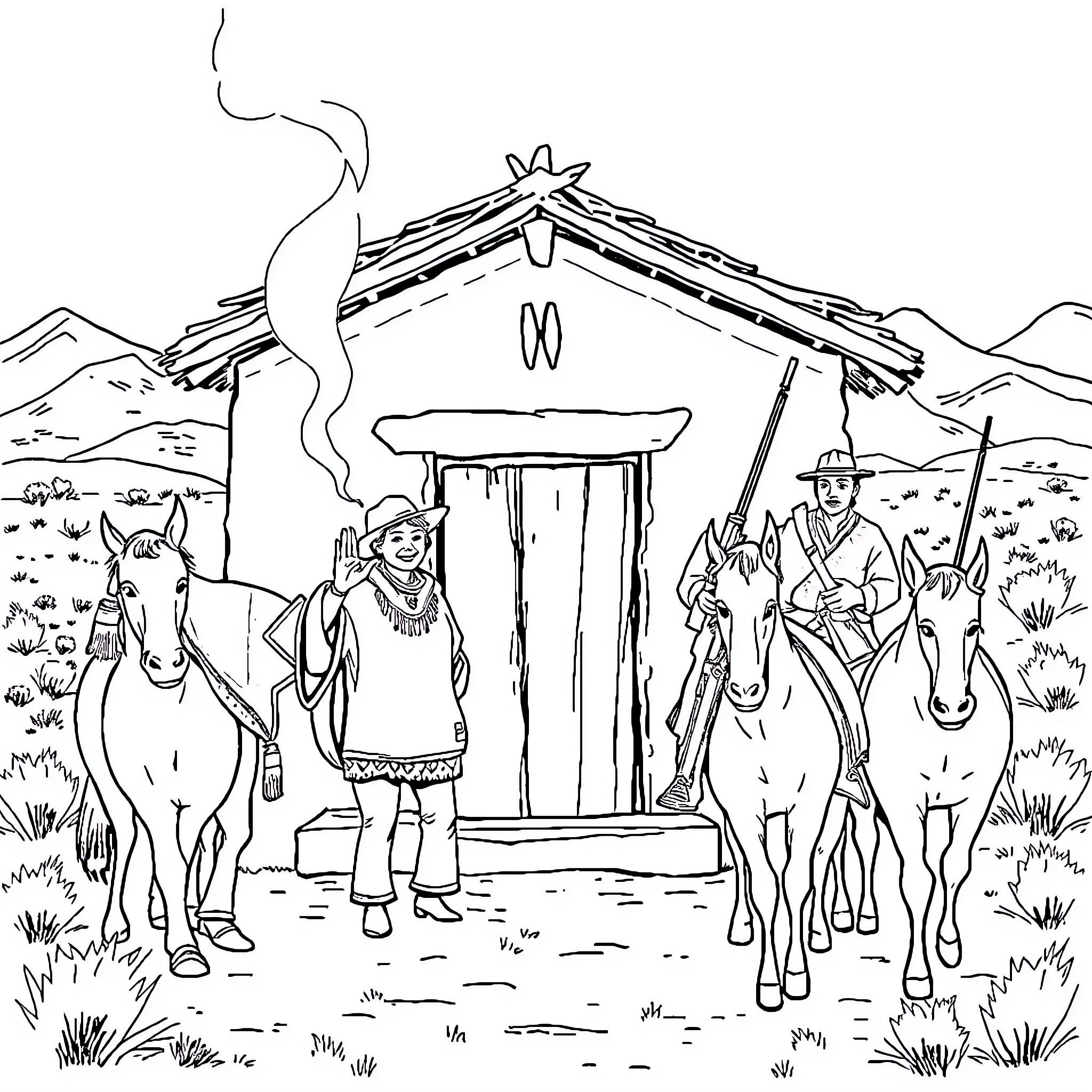 Cazador Herding Horses at a Rustic Cabin Coloring Page (free black-and-white line drawing printable PDF for all, from beginners to advanced learners, including children, teens, adults, and seniors)