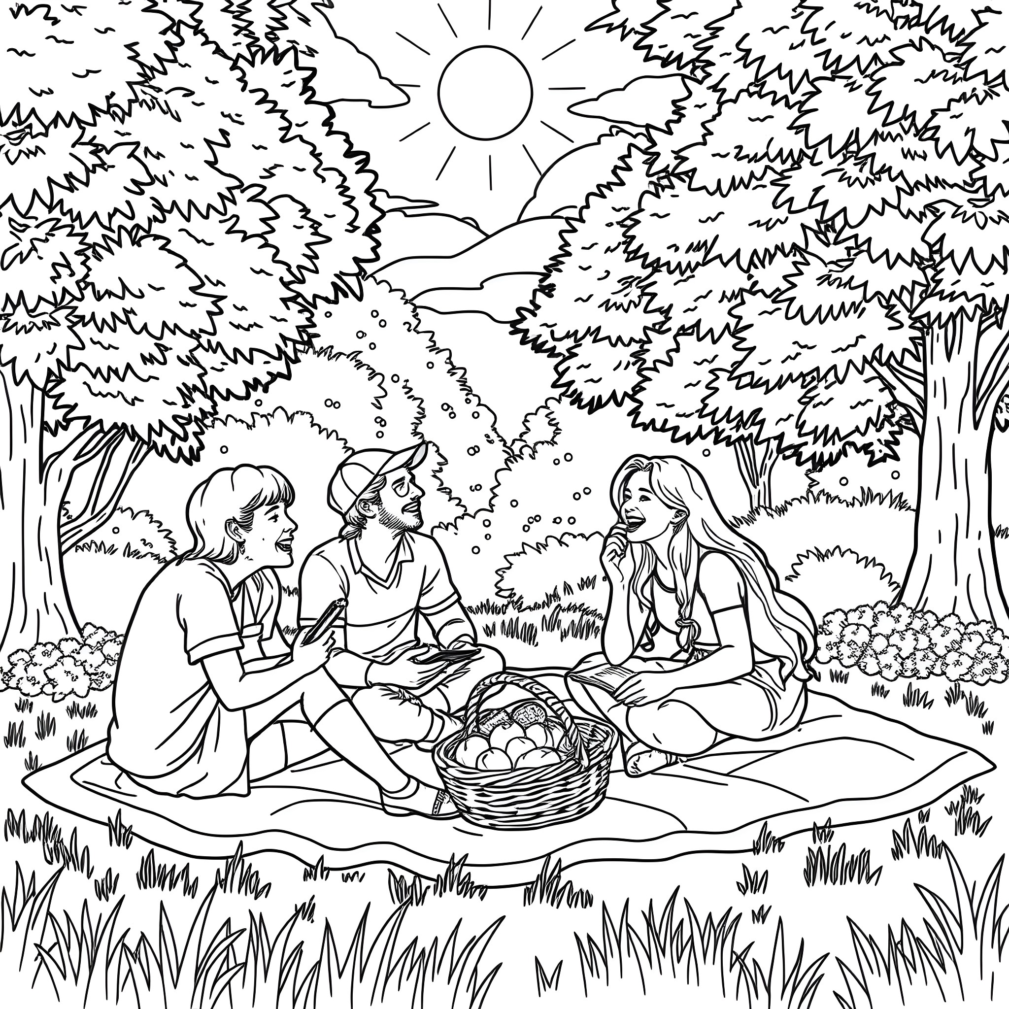 Friend's Picnic in the Sunny Forest Coloring Page (free black-and-white line drawing printable PDF for all, from beginners to advanced learners, including children, teens, adults, and seniors)