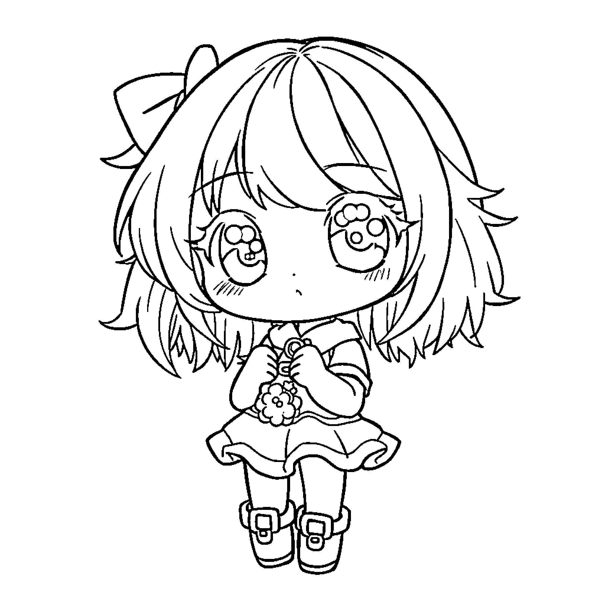 Chibi Girl Holding a Plush Toy Coloring Page (free black-and-white line drawing printable PDF for all, from beginners to advanced learners, including children, teens, adults, and seniors)