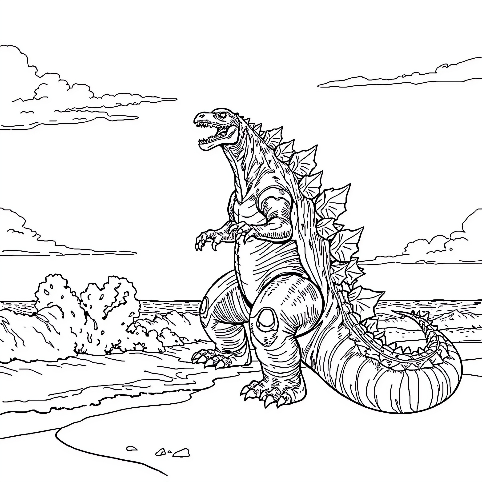Godzilla Unleashed: Towering Kaiju Dominates Coastal Landscape Coloring Page (free black-and-white line drawing printable PDF for all, from beginners to advanced learners, including children, teens, adults, and seniors)
