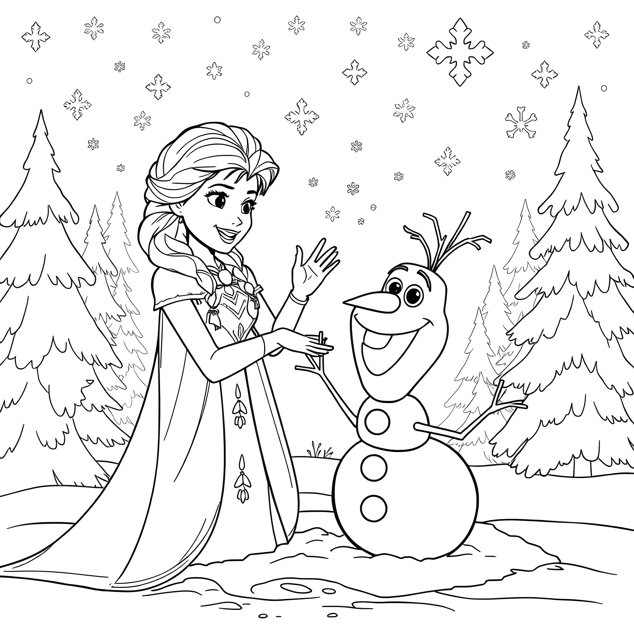 Elsa playing with Olaf in the snowy forest Coloring Page (free black-and-white line drawing printable PDF for all, from beginners to advanced learners, including children, teens, adults, and seniors)