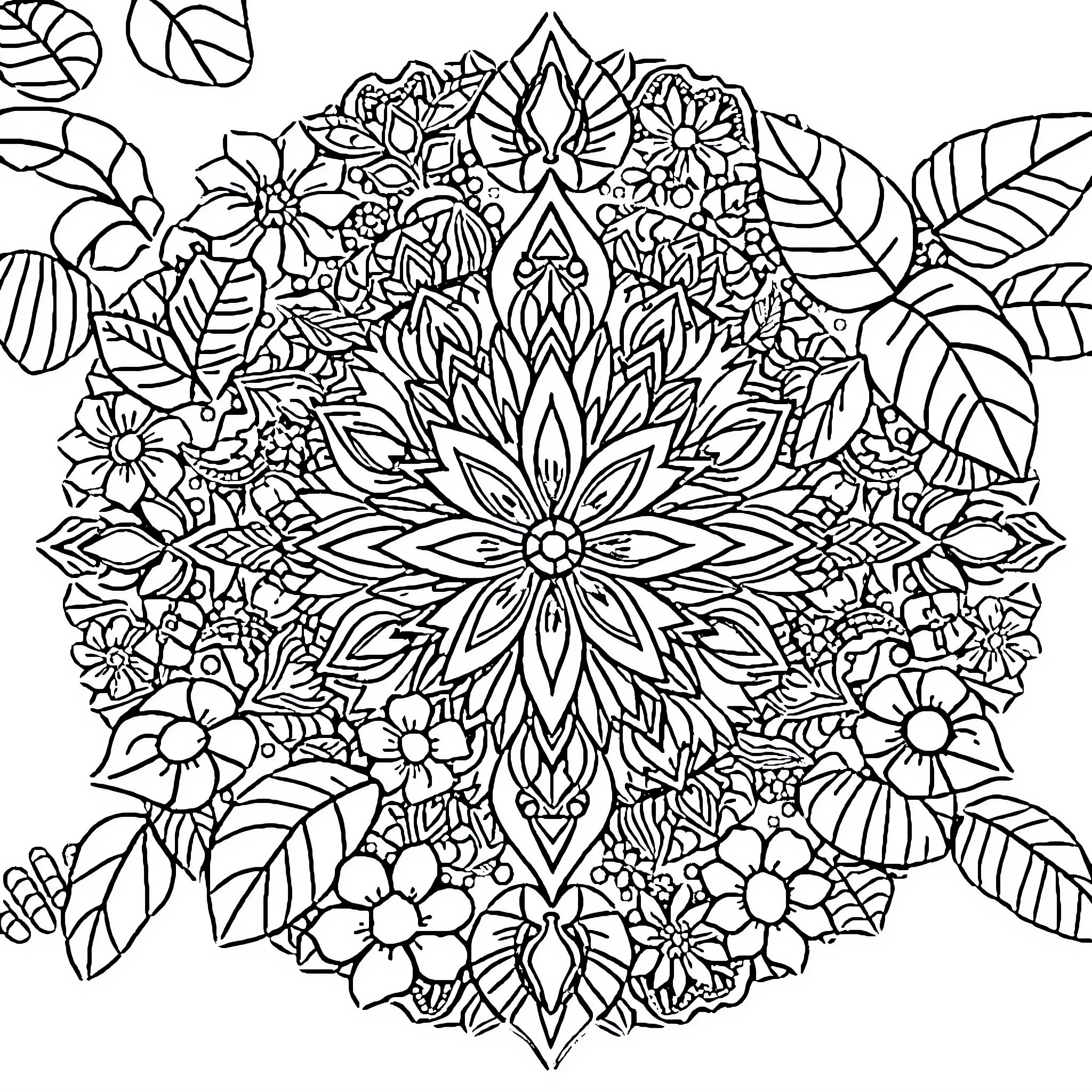 Mandala of Intricate Floral Patterns Coloring Page (free black-and-white line drawing printable PDF for all, from beginners to advanced learners, including children, teens, adults, and seniors)