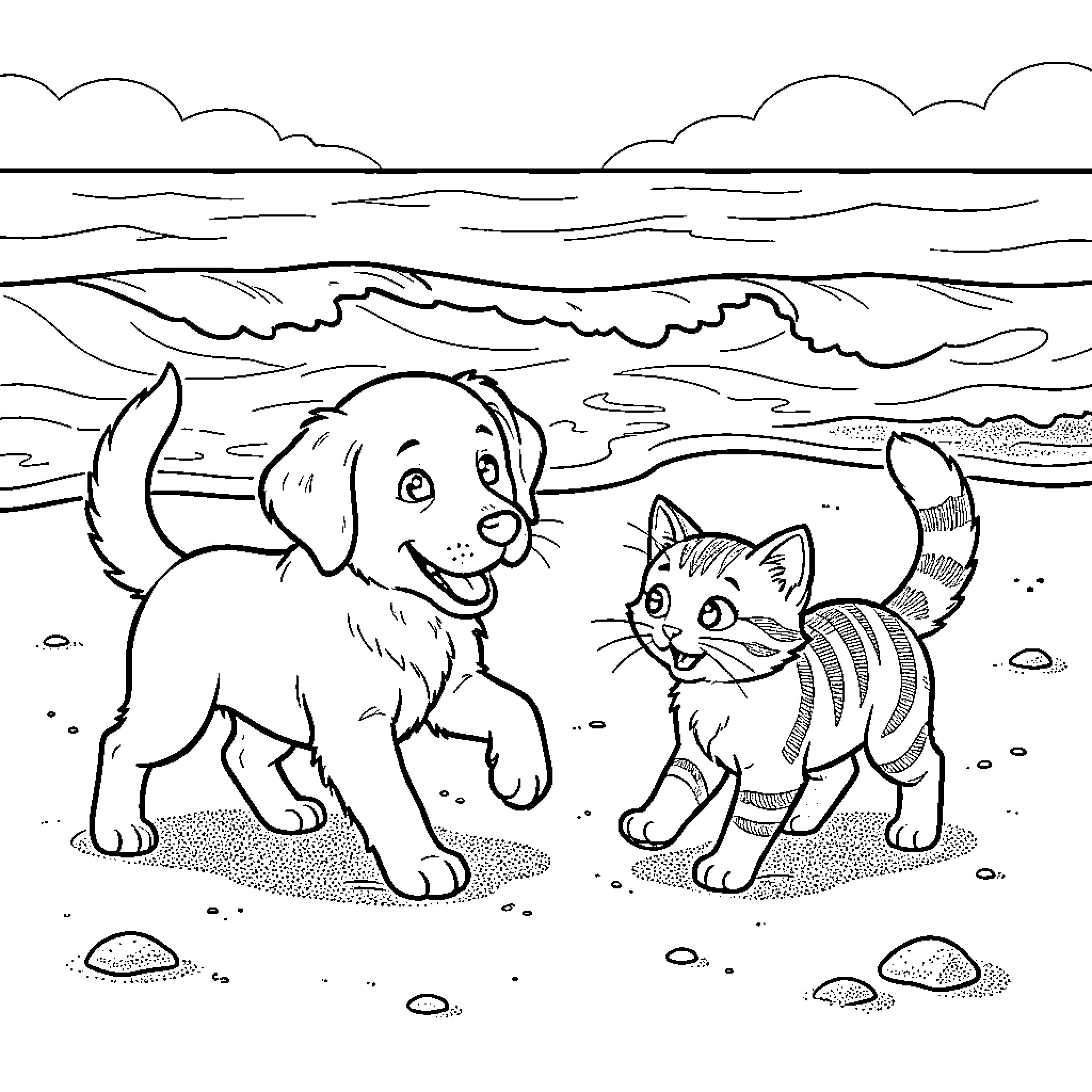 Puppy and kitten playing together on the beach Coloring Page (free black-and-white line drawing printable PDF for all, from beginners to advanced learners, including children, teens, adults, and seniors)