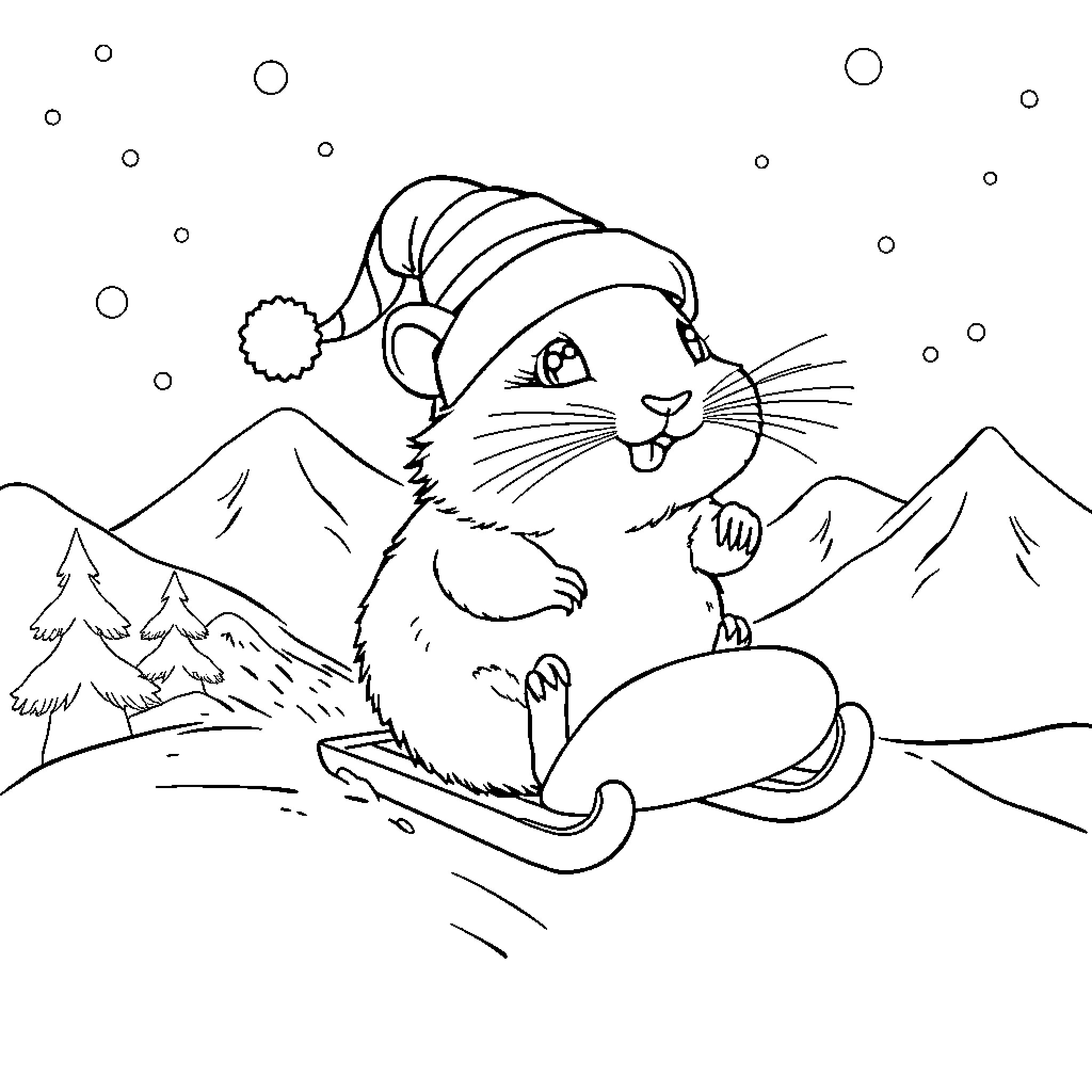 Hamster enjoying a winter sleigh ride Coloring Page (free black-and-white line drawing printable PDF for all, from beginners to advanced learners, including children, teens, adults, and seniors)