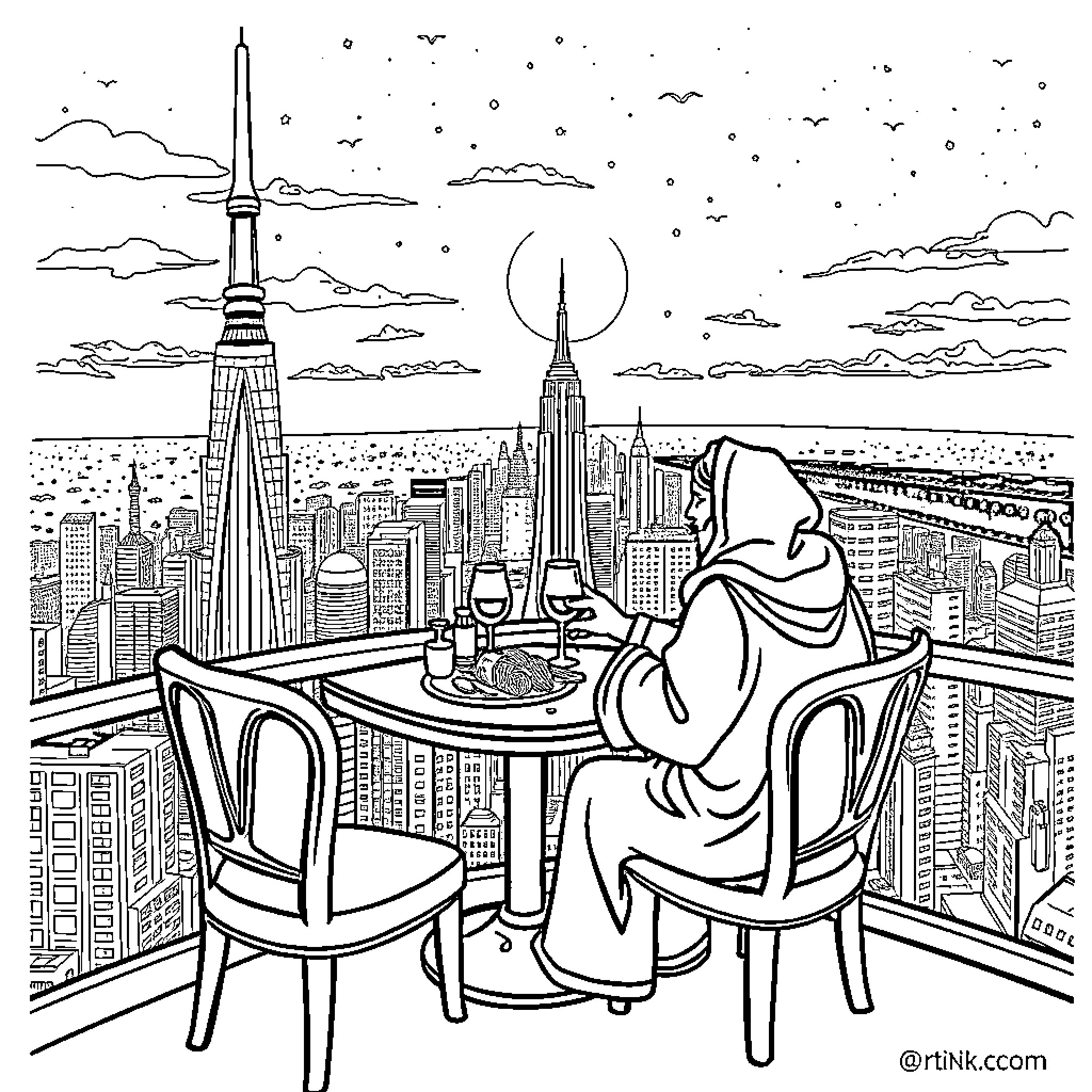 Rumi's Contemplation over the Cityscape Coloring Page (free black-and-white line drawing printable PDF for all, from beginners to advanced learners, including children, teens, adults, and seniors)