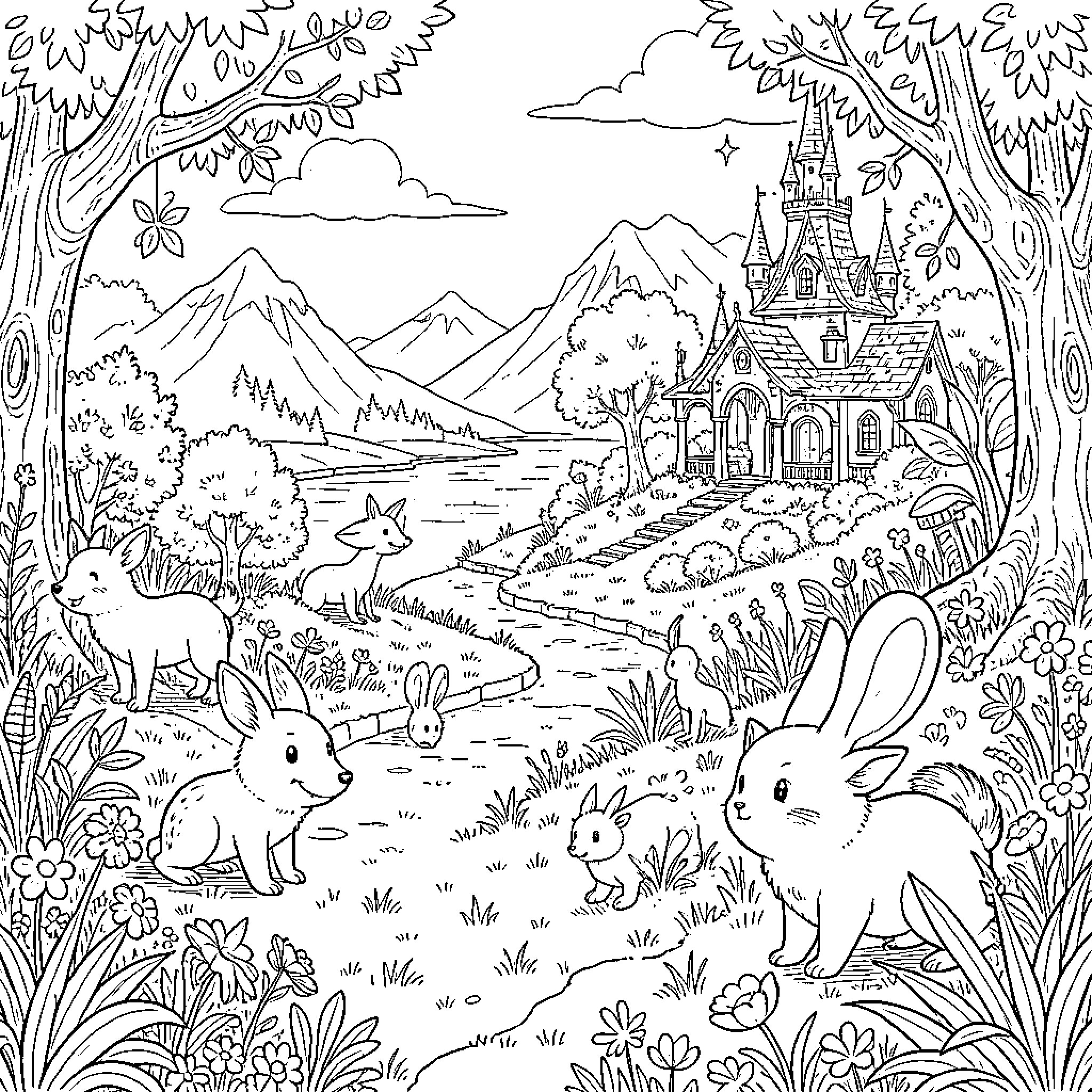 Studio Ghibli-inspired fantasy forest with castle and animals Coloring Page (free black-and-white line drawing printable PDF for all, from beginners to advanced learners, including children, teens, adults, and seniors)