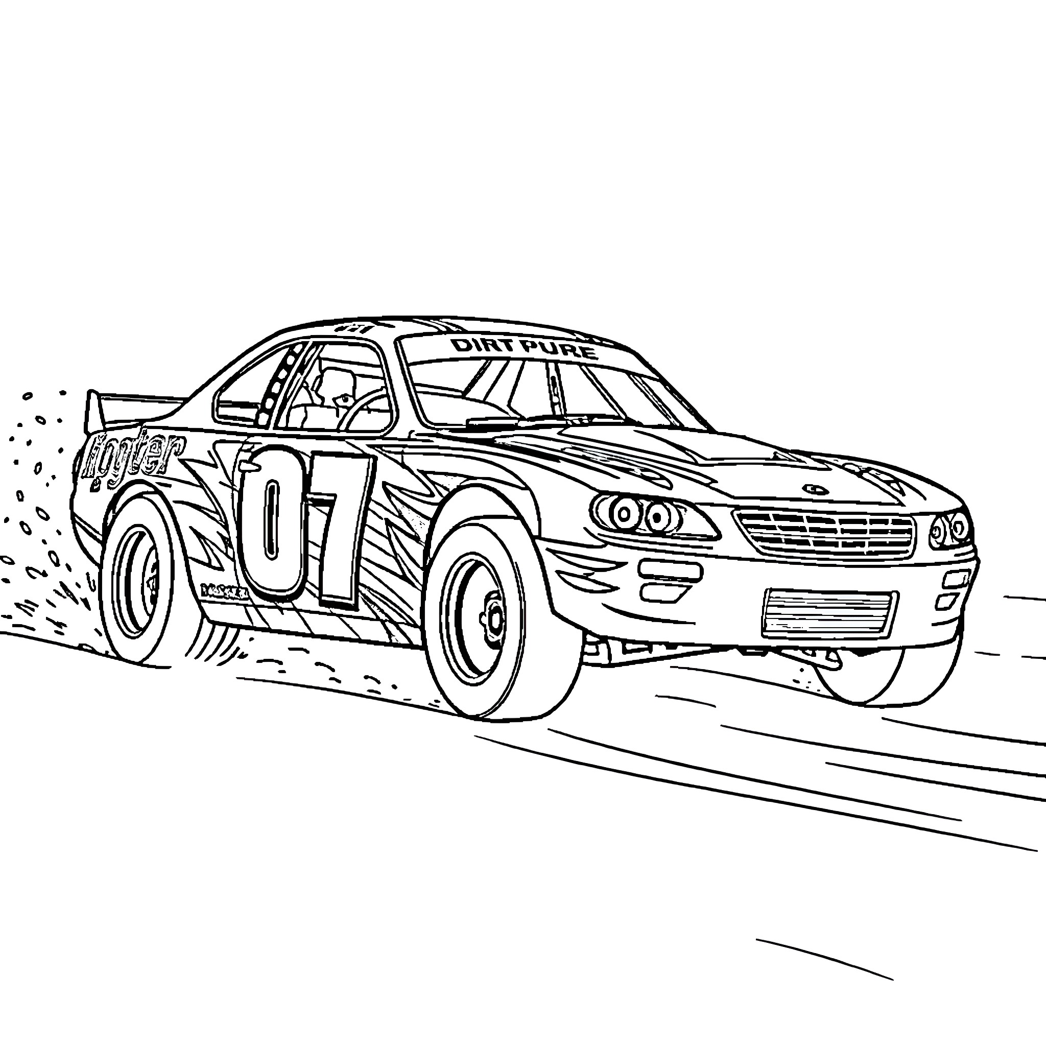 Racecar speeding on dirt track during competition Coloring Page (free black-and-white line drawing printable PDF for all, from beginners to advanced learners, including children, teens, adults, and seniors)