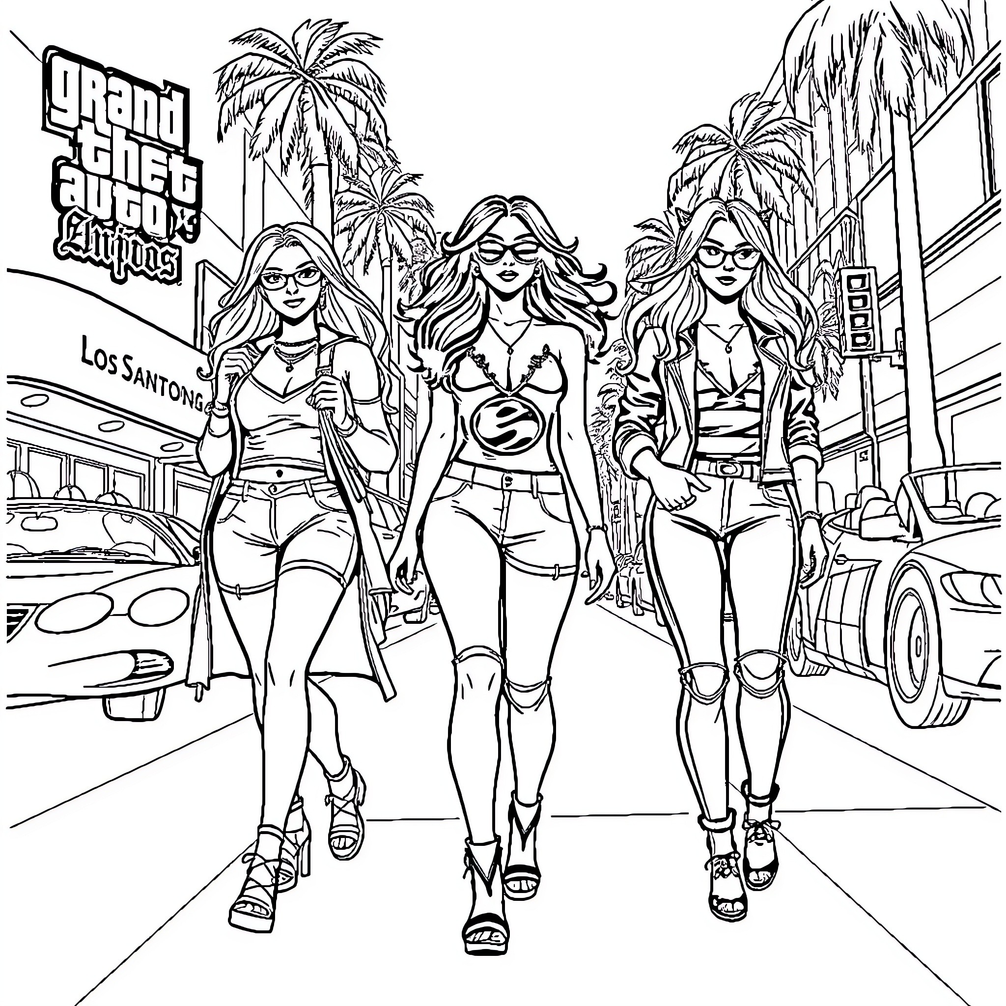 GTA Girl - Stylish ladies exploring the city Coloring Page (free black-and-white line drawing printable PDF for all, from beginners to advanced learners, including children, teens, adults, and seniors)