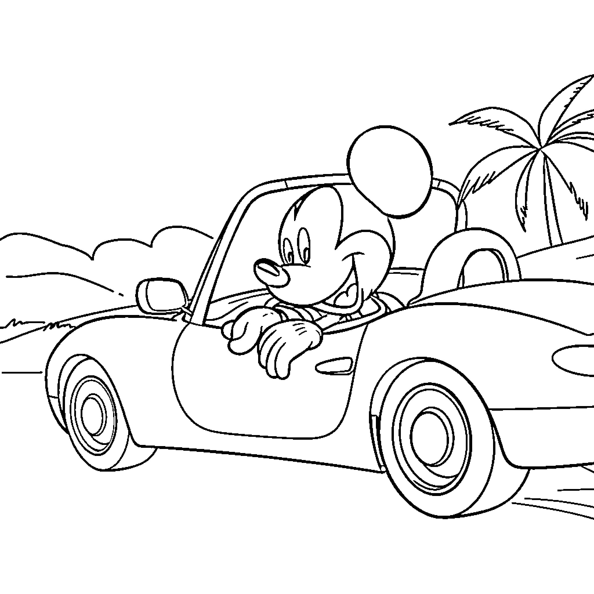 Mickey Mouse driving a car at the beach Coloring Page (free black-and-white line drawing printable PDF for all, from beginners to advanced learners, including children, teens, adults, and seniors)
