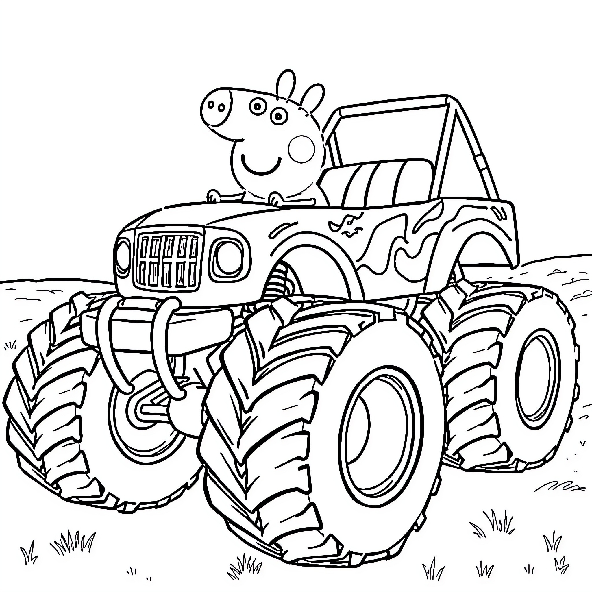 Peppa Pig riding a monster truck adventure Coloring Page (free black-and-white line drawing printable PDF for all, from beginners to advanced learners, including children, teens, adults, and seniors)