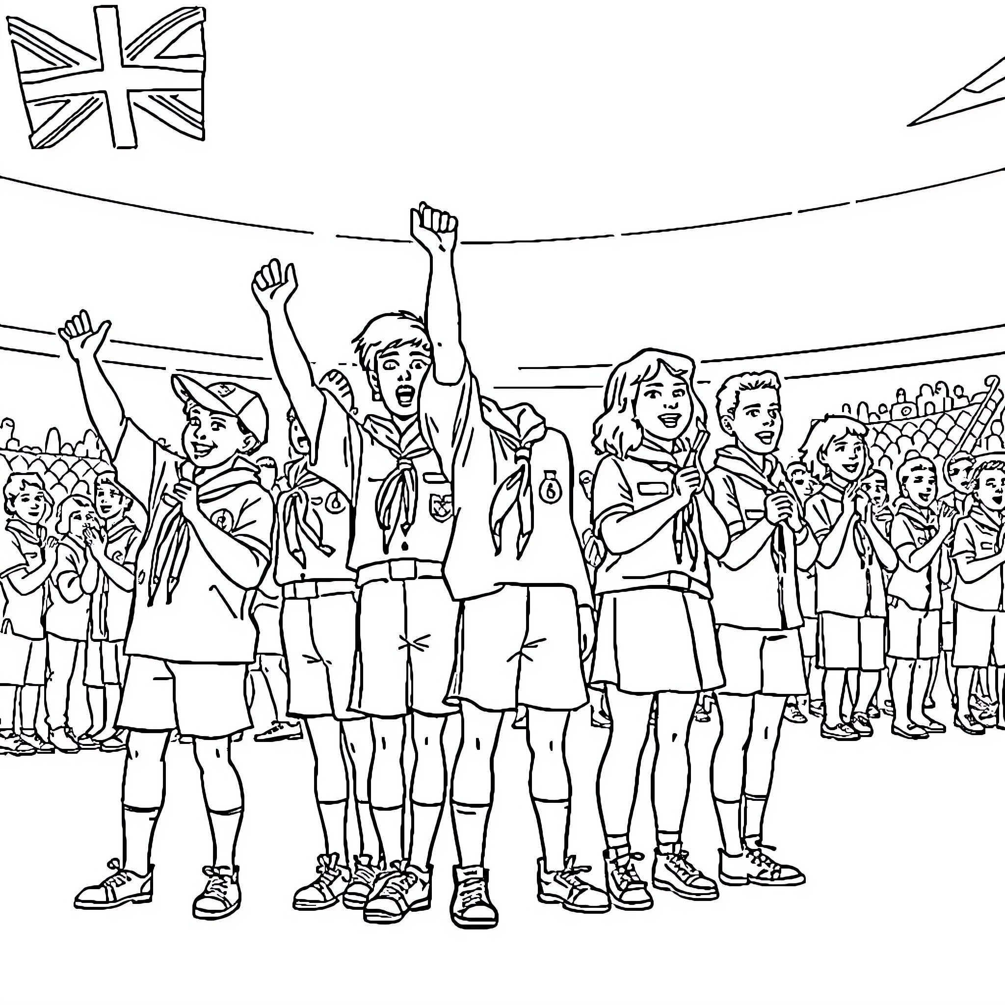 Scout group celebrating with enthusiasm in the stadium Coloring Page (free black-and-white line drawing printable PDF for all, from beginners to advanced learners, including children, teens, adults, and seniors)
