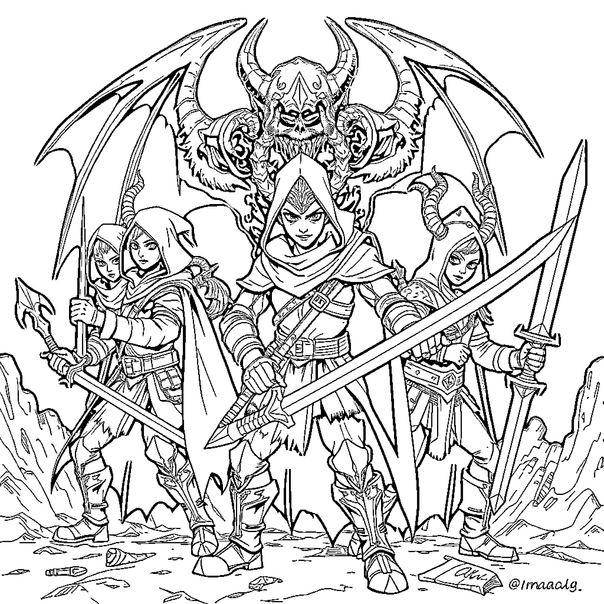 Daemon warriors battle with demonic overlord Coloring Page (free black-and-white line drawing printable PDF for all, from beginners to advanced learners, including children, teens, adults, and seniors)