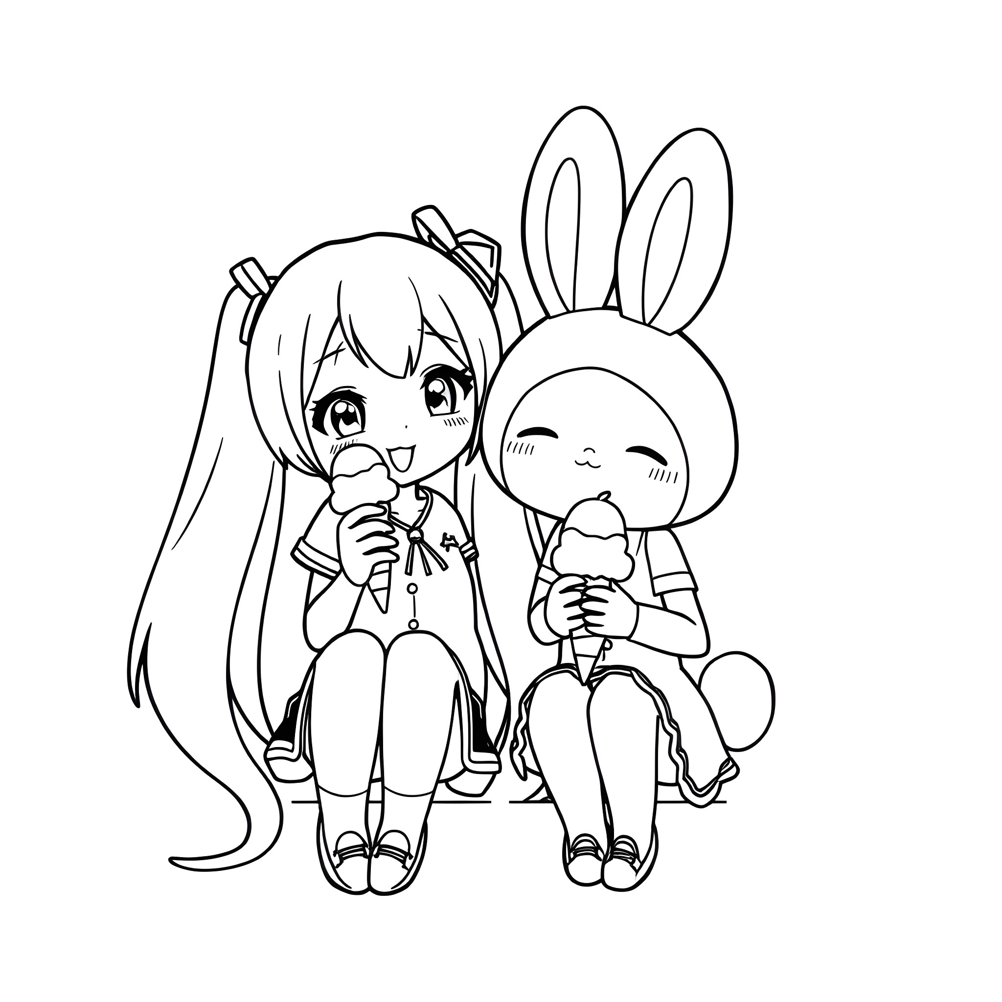 Miku and Bunny Friend Sharing Ice Cream Coloring Page (free black-and-white line drawing printable PDF for all, from beginners to advanced learners, including children, teens, adults, and seniors)