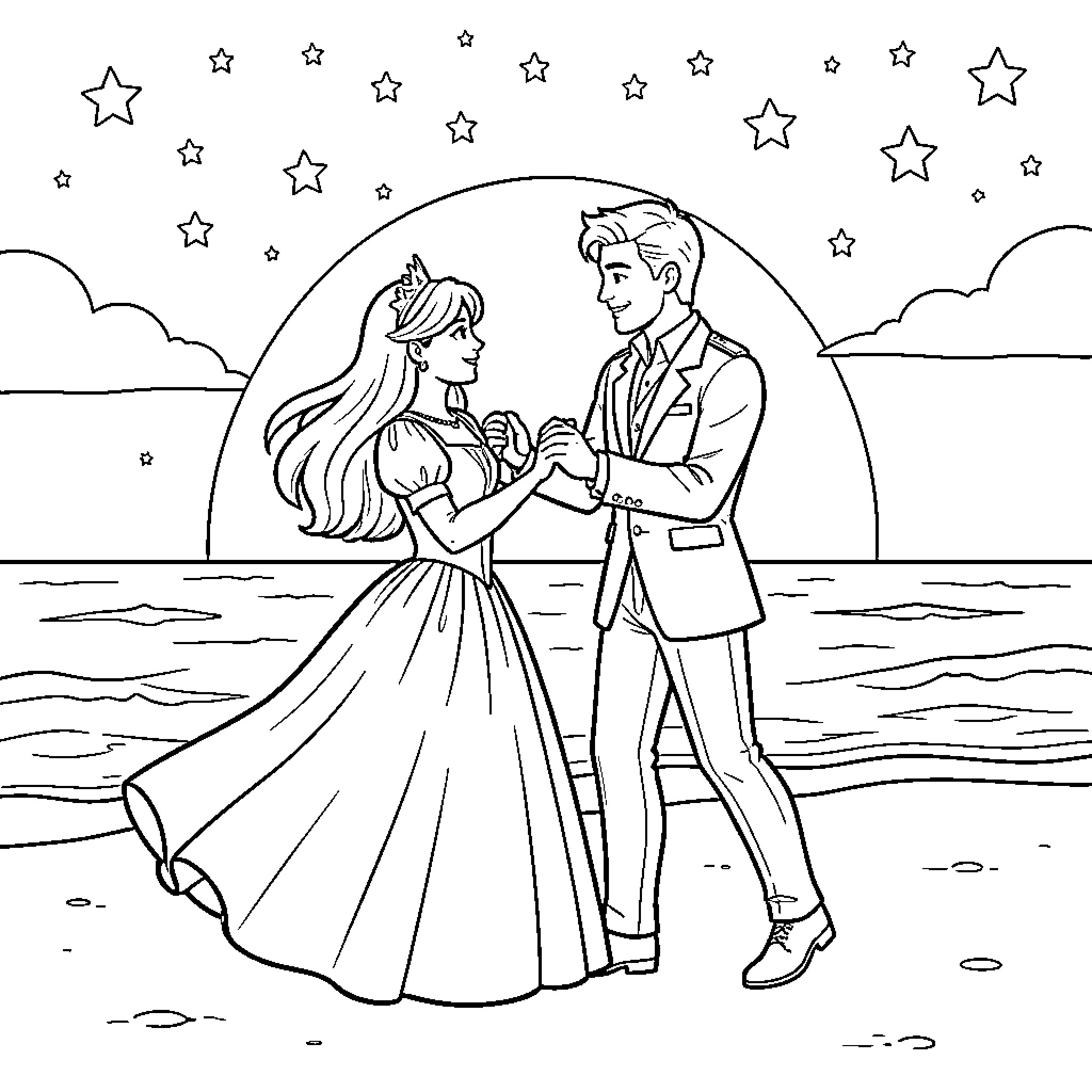 Princess dancing with her prince on the beach Coloring Page (free black-and-white line drawing printable PDF for all, from beginners to advanced learners, including children, teens, adults, and seniors)