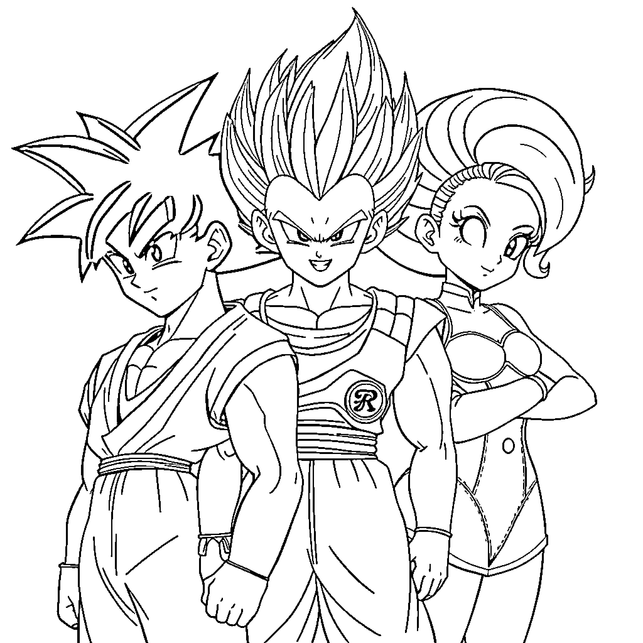 Dragon Ball Characters in Heroic Poses Coloring Page (free black-and-white line drawing printable PDF for all, from beginners to advanced learners, including children, teens, adults, and seniors)