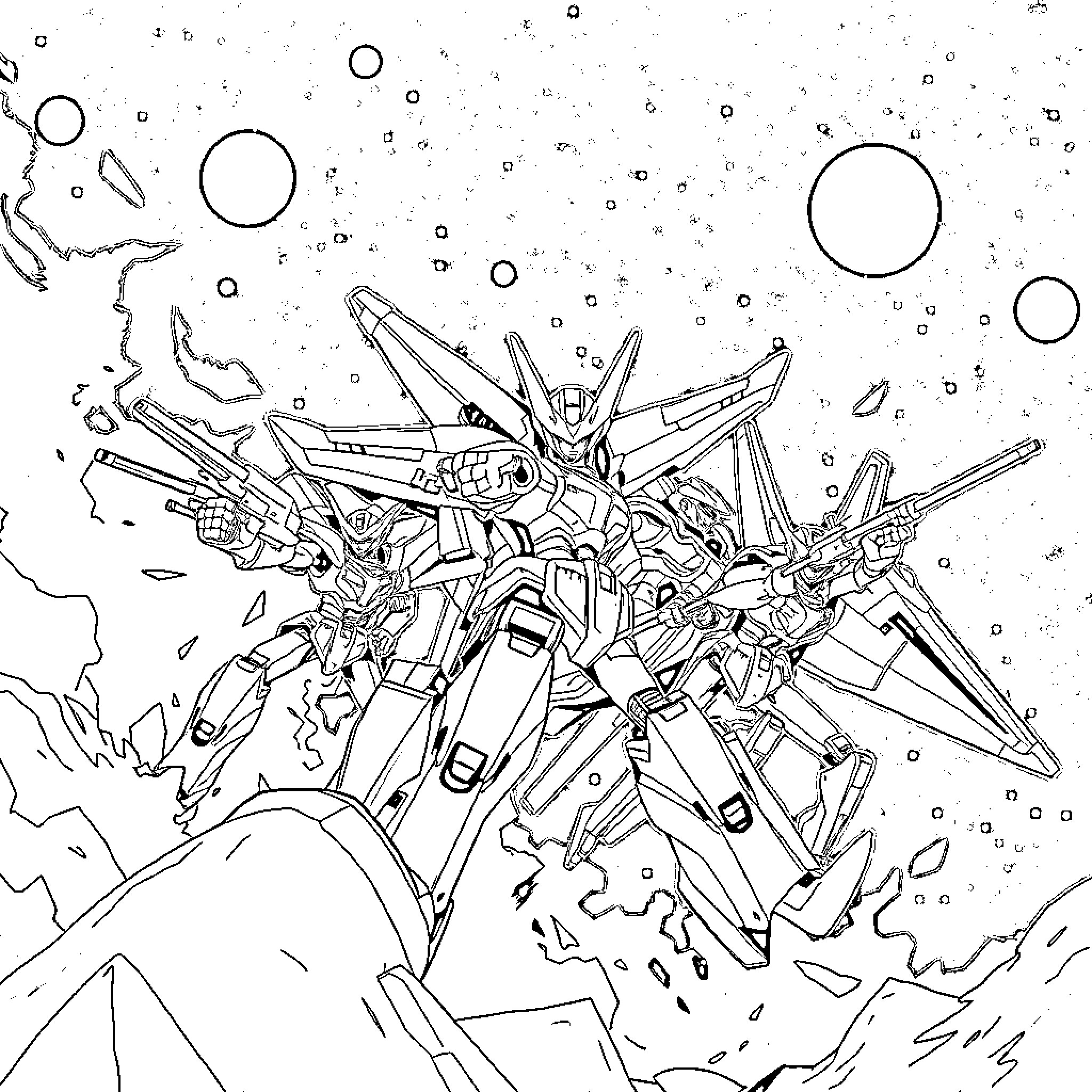 Gurren Lagann: Epic Mecha Battle in Outer Space Coloring Page (free black-and-white line drawing printable PDF for all, from beginners to advanced learners, including children, teens, adults, and seniors)