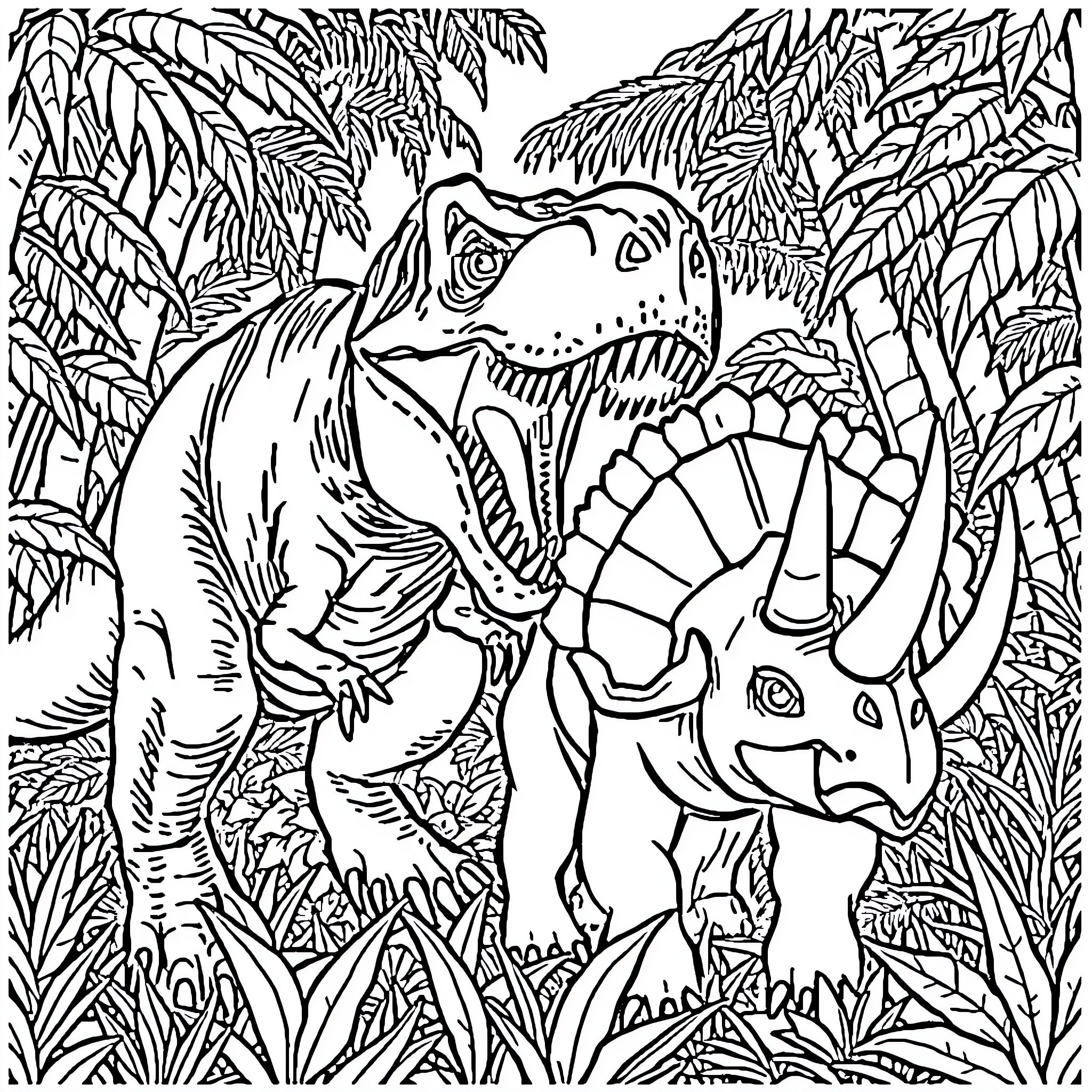 Tyrannosaurus Rex and Triceratops battling in the prehistoric jungle Coloring Page (free black-and-white line drawing printable PDF for all, from beginners to advanced learners, including children, teens, adults, and seniors)