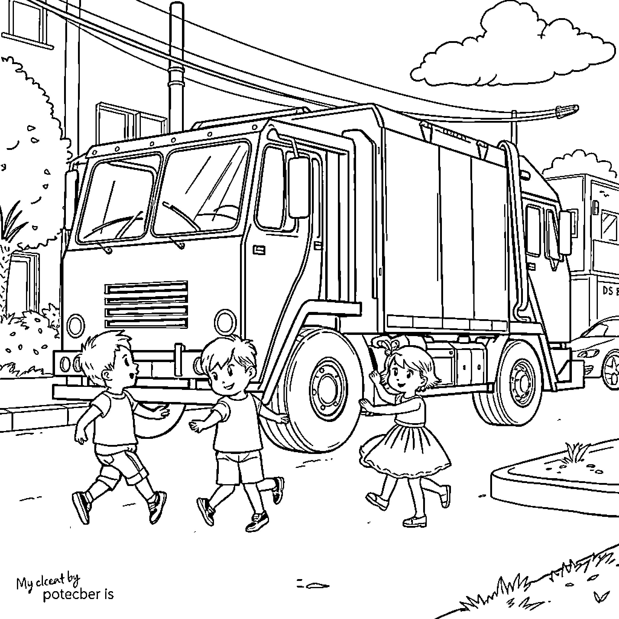 Boy and girl playing near garbage truck Coloring Page (free black-and-white line drawing printable PDF for all, from beginners to advanced learners, including children, teens, adults, and seniors)