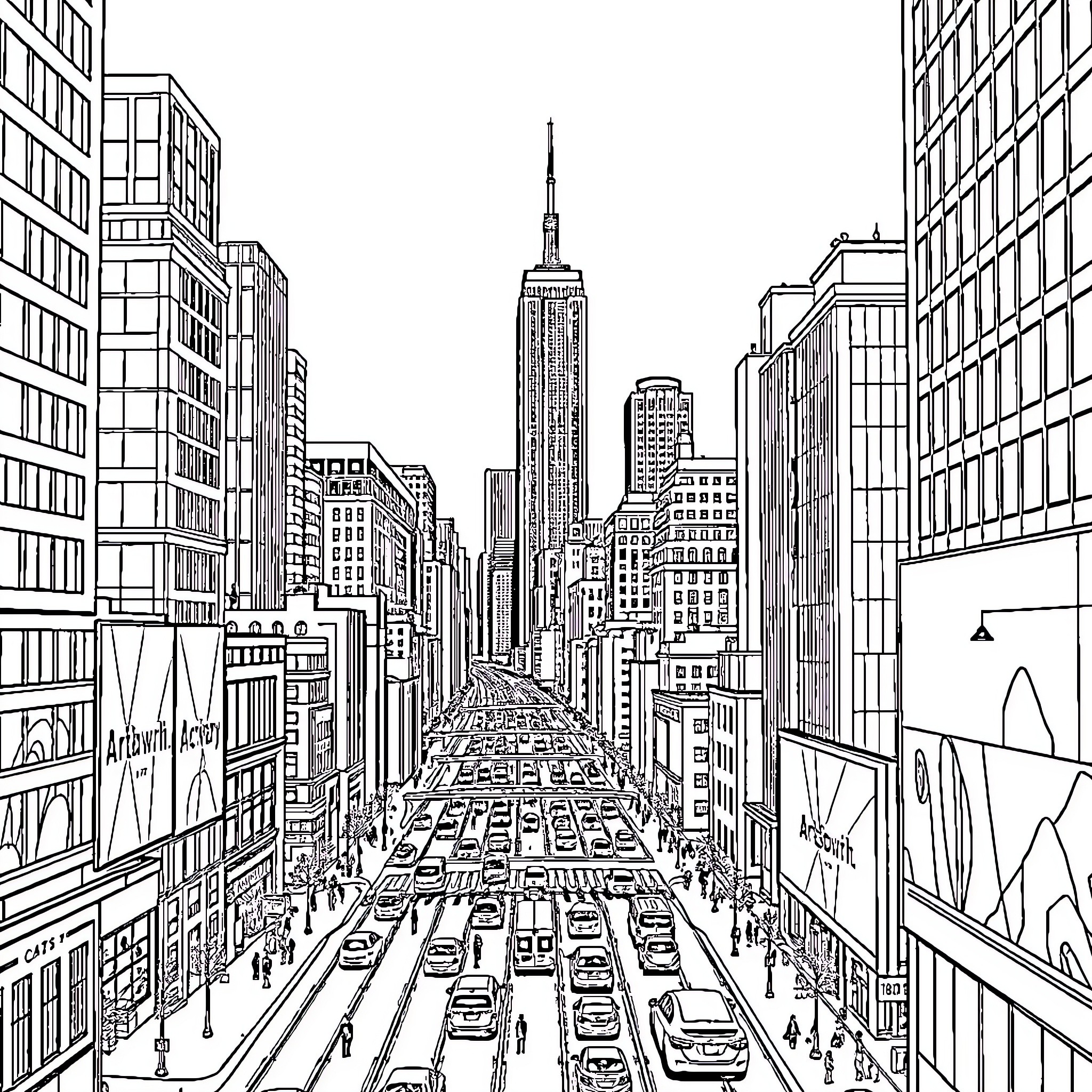 City street with towering skyscrapers and busy traffic Coloring Page (free black-and-white line drawing printable PDF for all, from beginners to advanced learners, including children, teens, adults, and seniors)