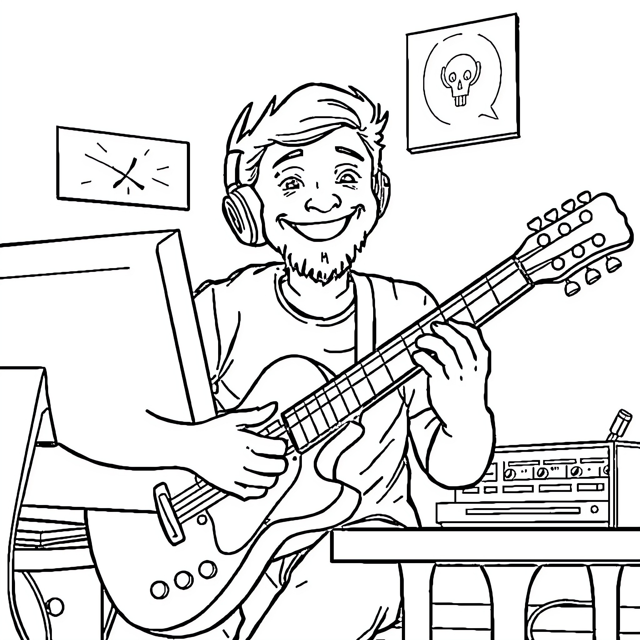 Wilbur Soot jamming with guitar in his studio Coloring Page (free black-and-white line drawing printable PDF for all, from beginners to advanced learners, including children, teens, adults, and seniors)