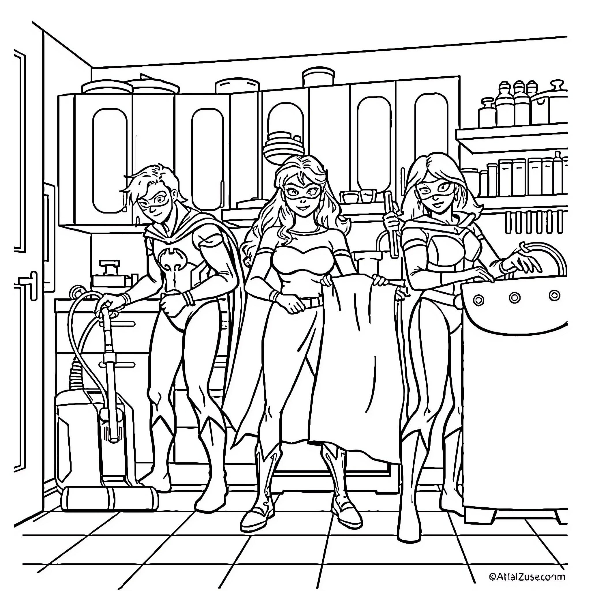 Superhero Friends in Stylish Outfits Coloring Page (free black-and-white line drawing printable PDF for all, from beginners to advanced learners, including children, teens, adults, and seniors)