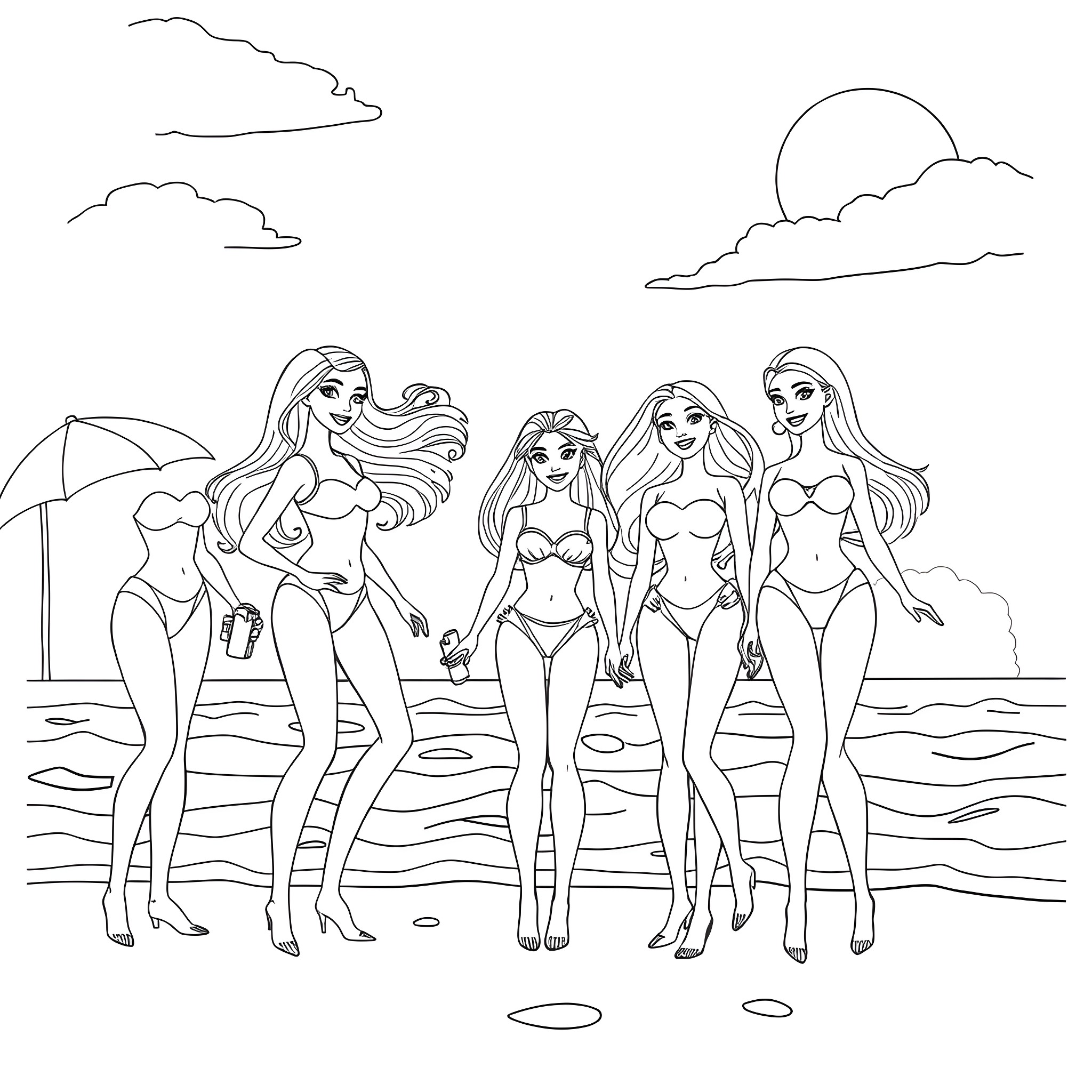Barbie friends enjoying a day at the beach Coloring Page (free black-and-white line drawing printable PDF for all, from beginners to advanced learners, including children, teens, adults, and seniors)