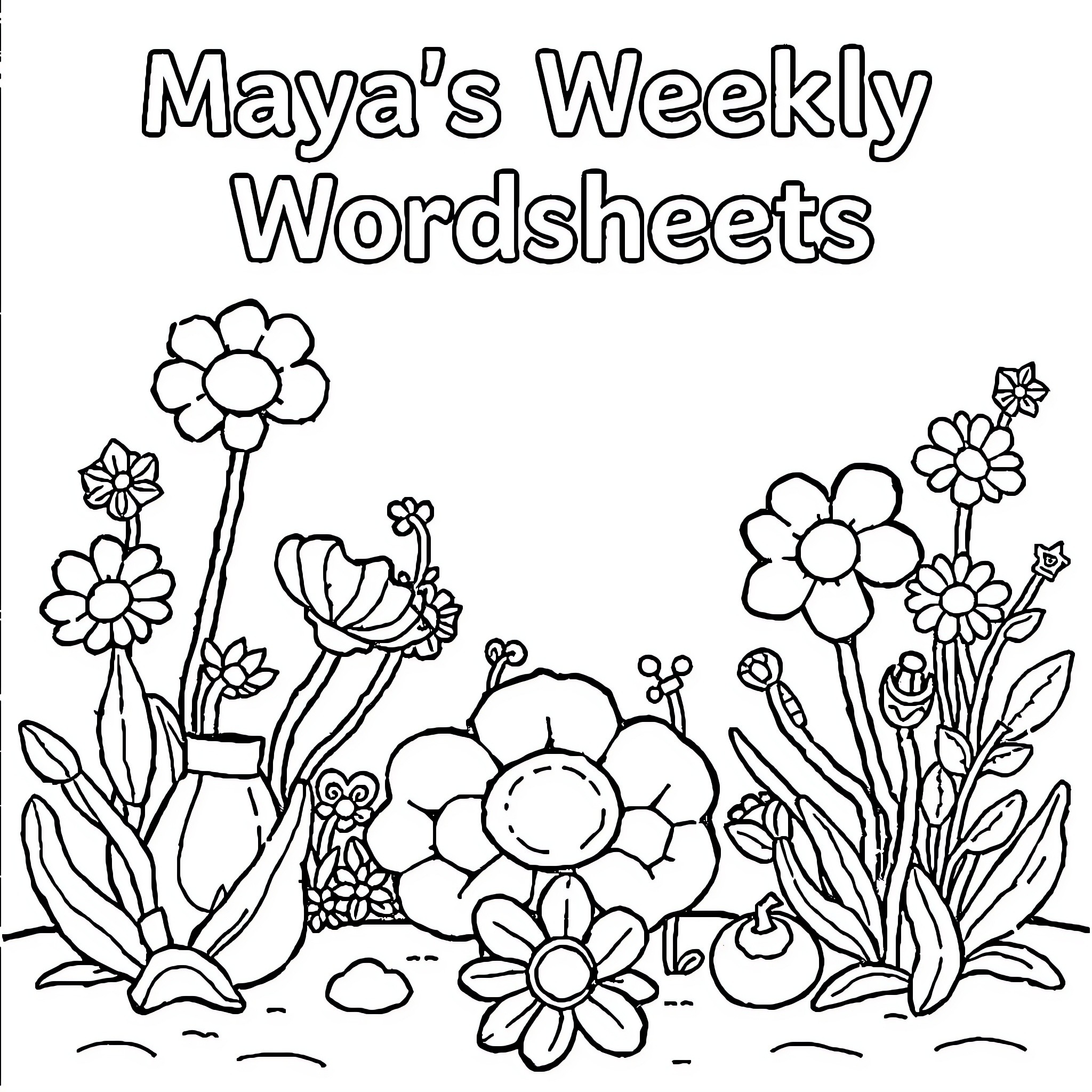 Wordsheet with Whimsical Flower Garden Scene Coloring Page (free black-and-white line drawing printable PDF for all, from beginners to advanced learners, including children, teens, adults, and seniors)