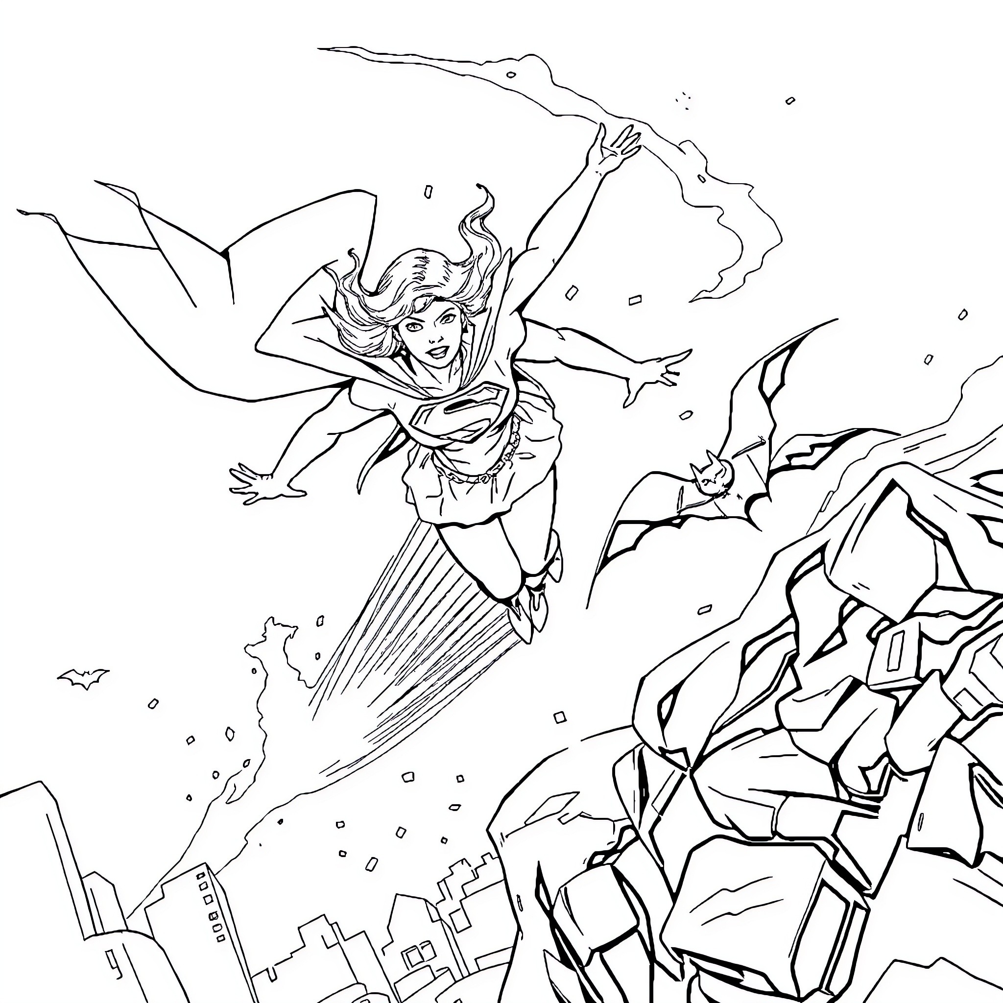 Supergirl soaring through the sky with heroic action Coloring Page (free black-and-white line drawing printable PDF for all, from beginners to advanced learners, including children, teens, adults, and seniors)